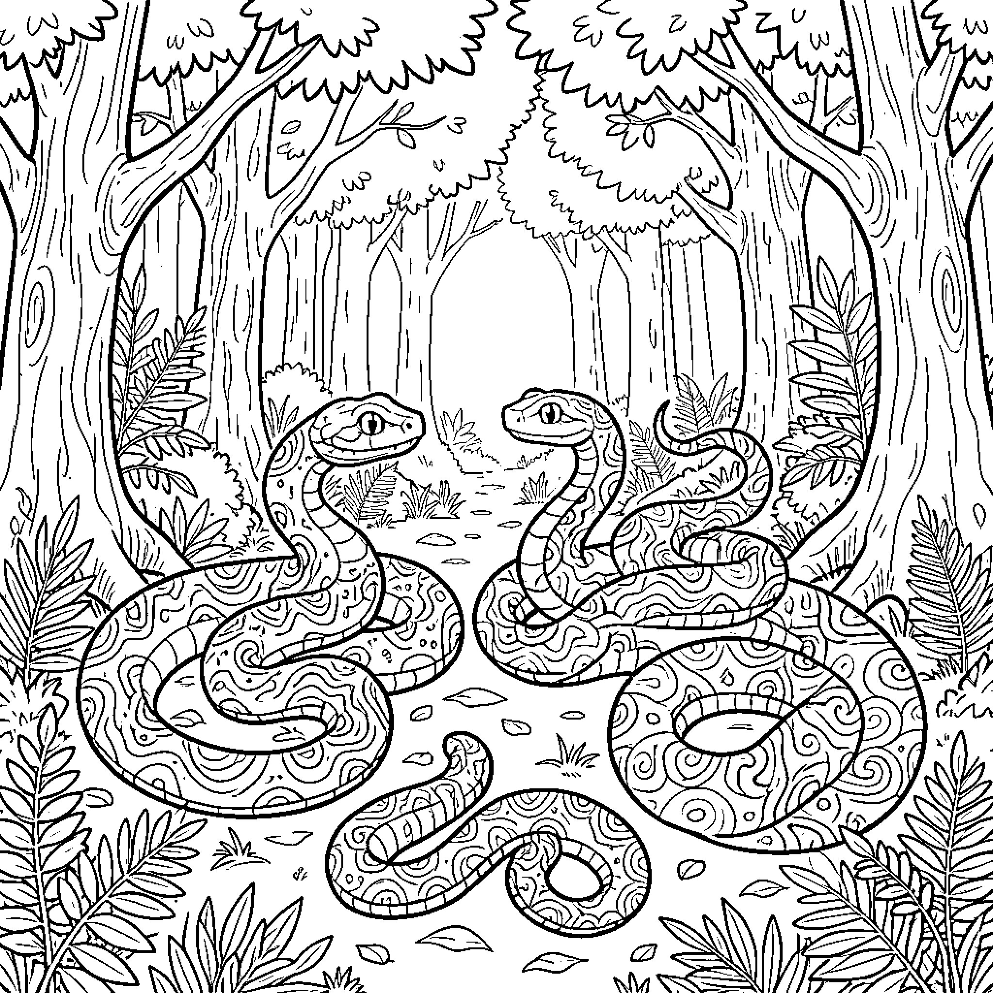 Serpent Slithering in the Enchanted Forest Coloring Page (free black-and-white line drawing printable PDF for all, from beginners to advanced learners, including children, teens, adults, and seniors)