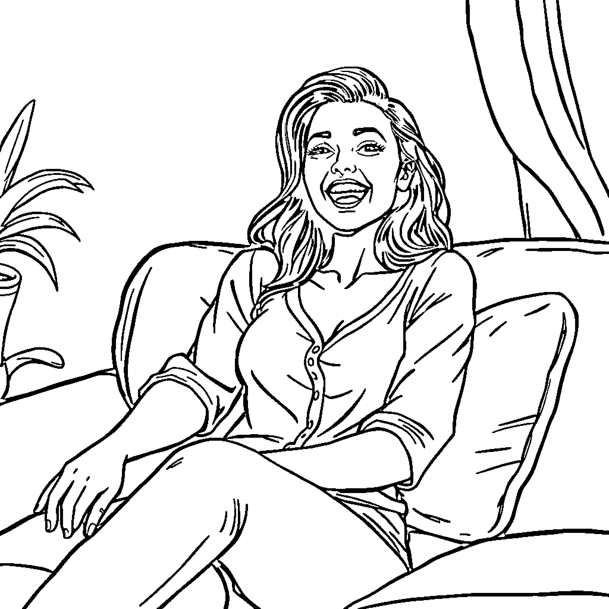 Woman enjoying a relaxing day at home Coloring Page (free black-and-white line drawing printable PDF for all, from beginners to advanced learners, including children, teens, adults, and seniors)