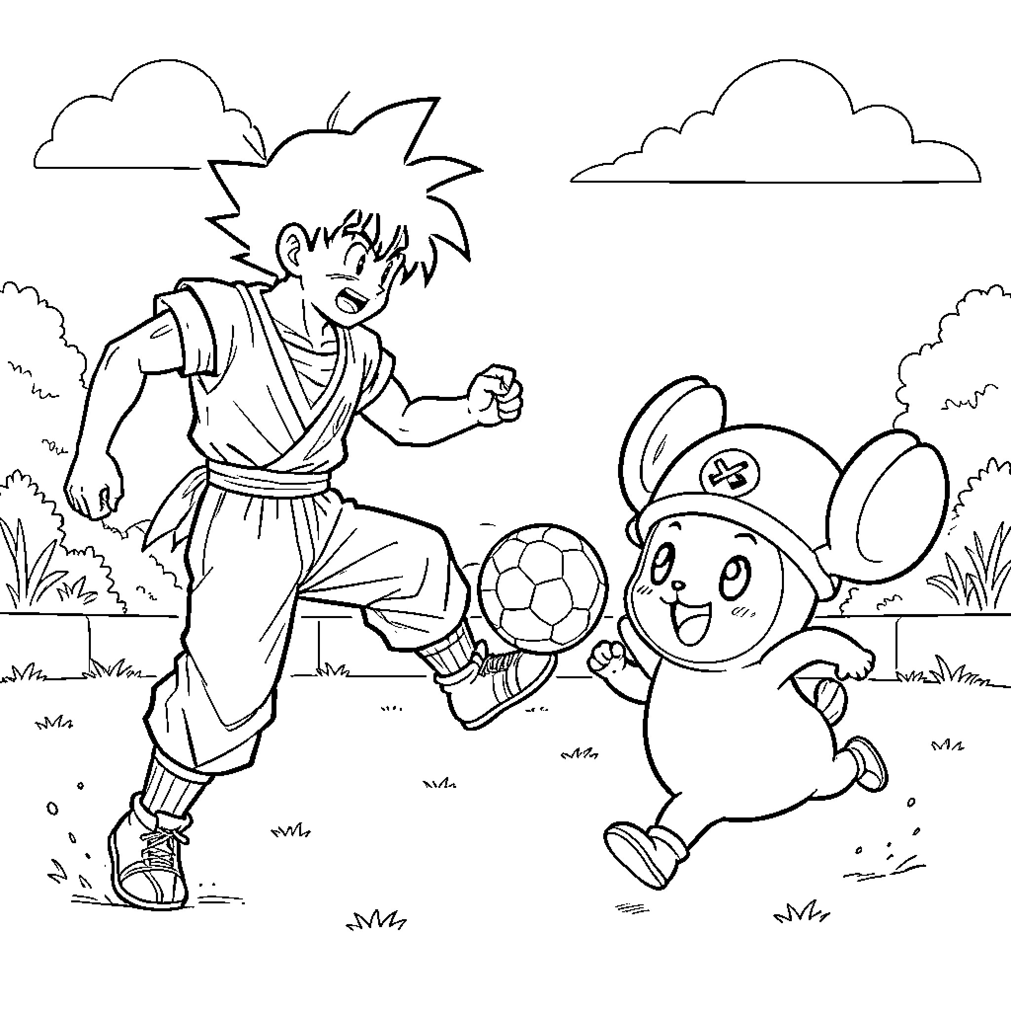 Son Goku playing soccer with a small creature Coloring Page (free black-and-white line drawing printable PDF for all, from beginners to advanced learners, including children, teens, adults, and seniors)