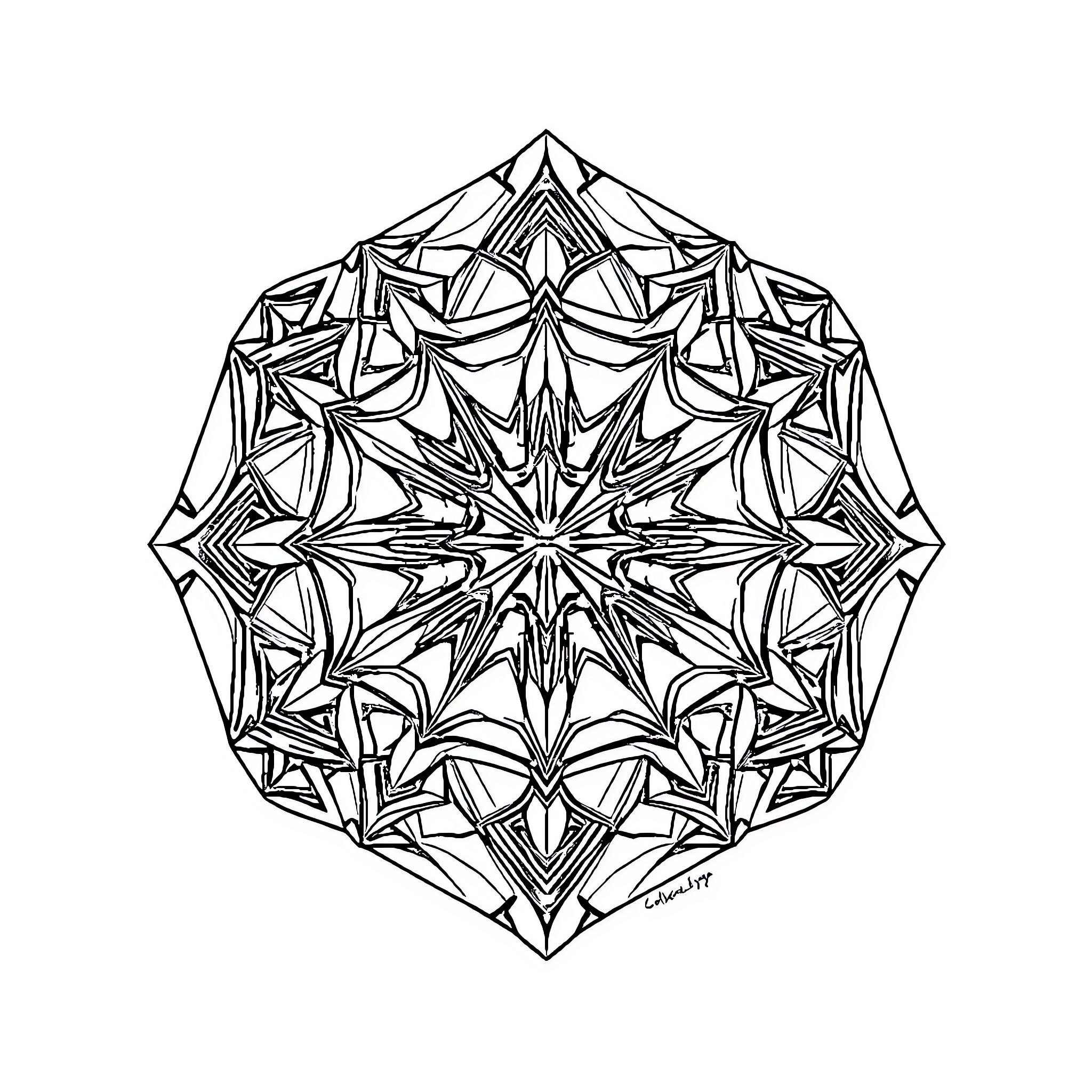 Dodecahedron geometric design with intricate patterns Coloring Page (free black-and-white line drawing printable PDF for all, from beginners to advanced learners, including children, teens, adults, and seniors)