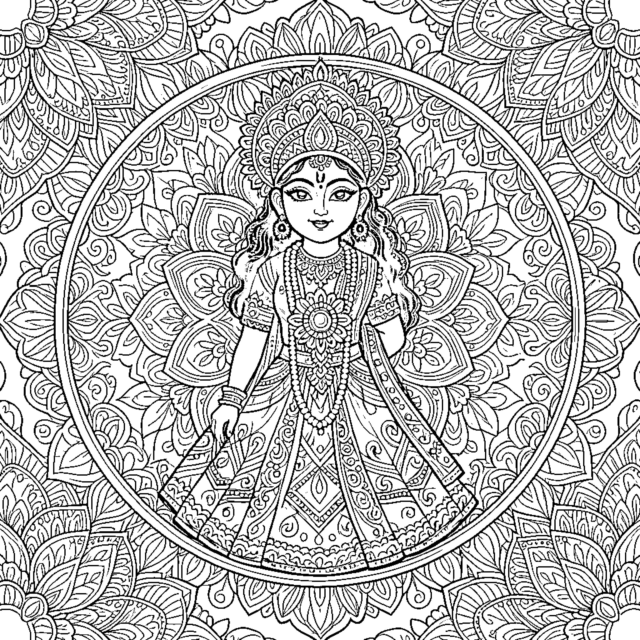 Indian Art: Intricate Goddess Depiction Coloring Page (free black-and-white line drawing printable PDF for all, from beginners to advanced learners, including children, teens, adults, and seniors)