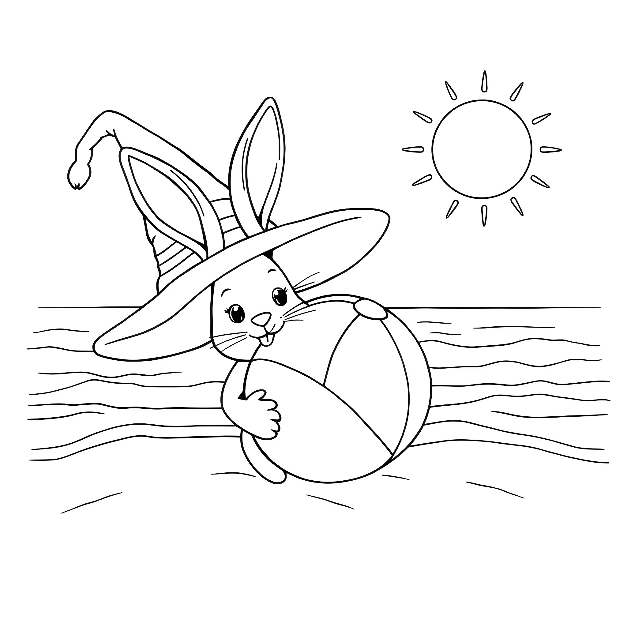 Bunny playing with beach ball on sunny day Coloring Page (free black-and-white line drawing printable PDF for all, from beginners to advanced learners, including children, teens, adults, and seniors)