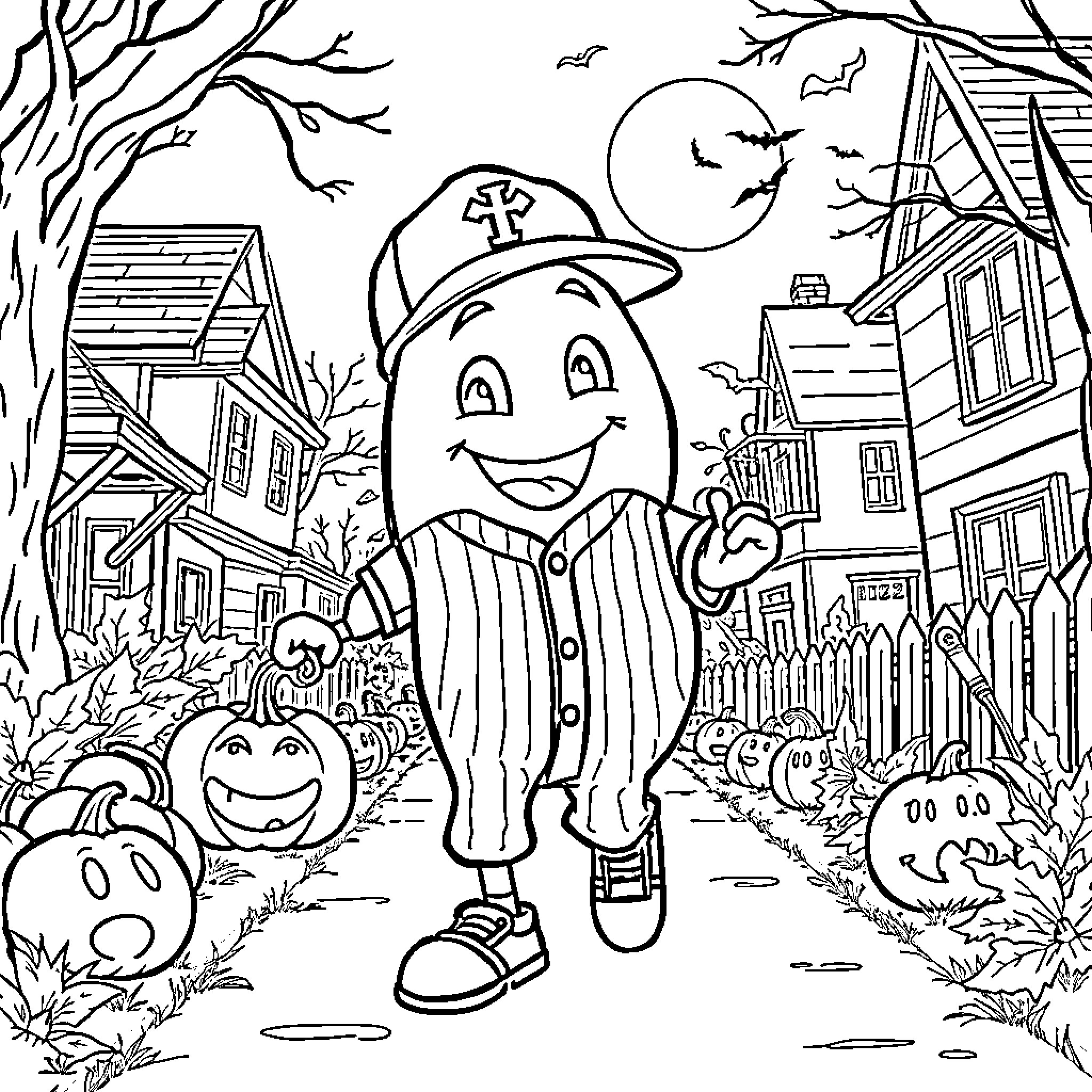 Cocoa Bean Characters Exploring Haunted Neighborhood Coloring Page (free black-and-white line drawing printable PDF for all, from beginners to advanced learners, including children, teens, adults, and seniors)