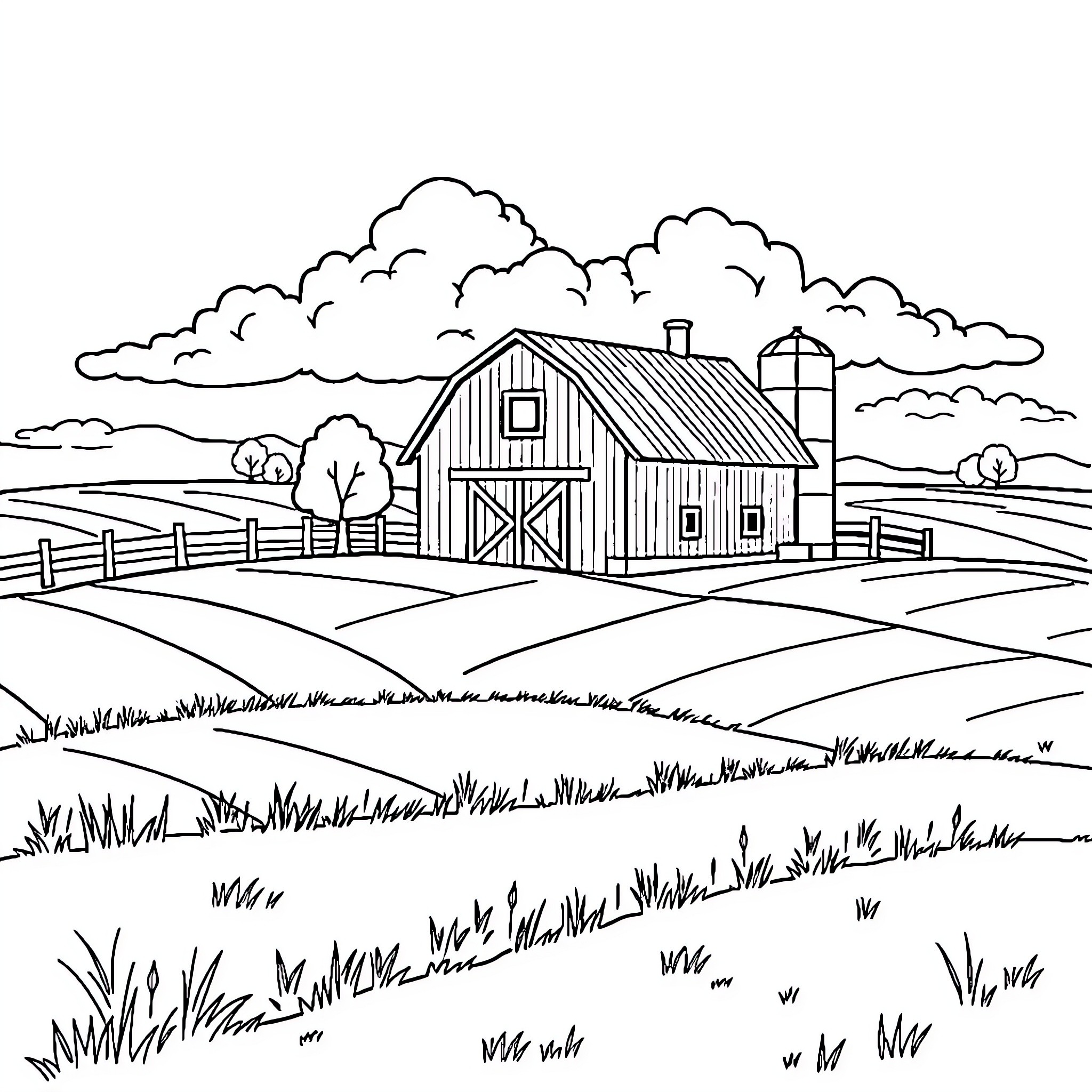 Farm scene with rustic barn and rural landscape Coloring Page (free black-and-white line drawing printable PDF for all, from beginners to advanced learners, including children, teens, adults, and seniors)