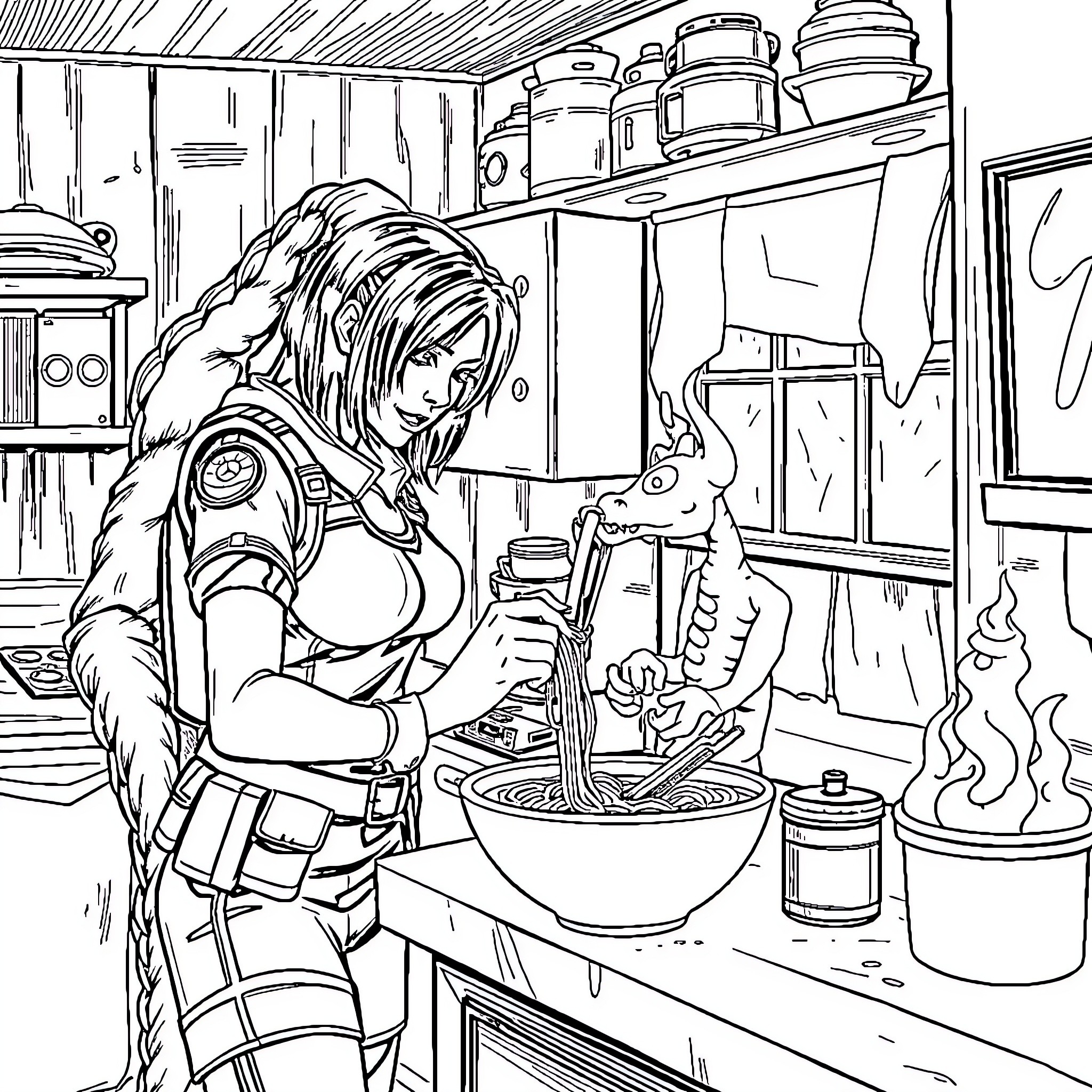Jill preparing a warm meal in her cozy kitchen Coloring Page (free black-and-white line drawing printable PDF for all, from beginners to advanced learners, including children, teens, adults, and seniors)