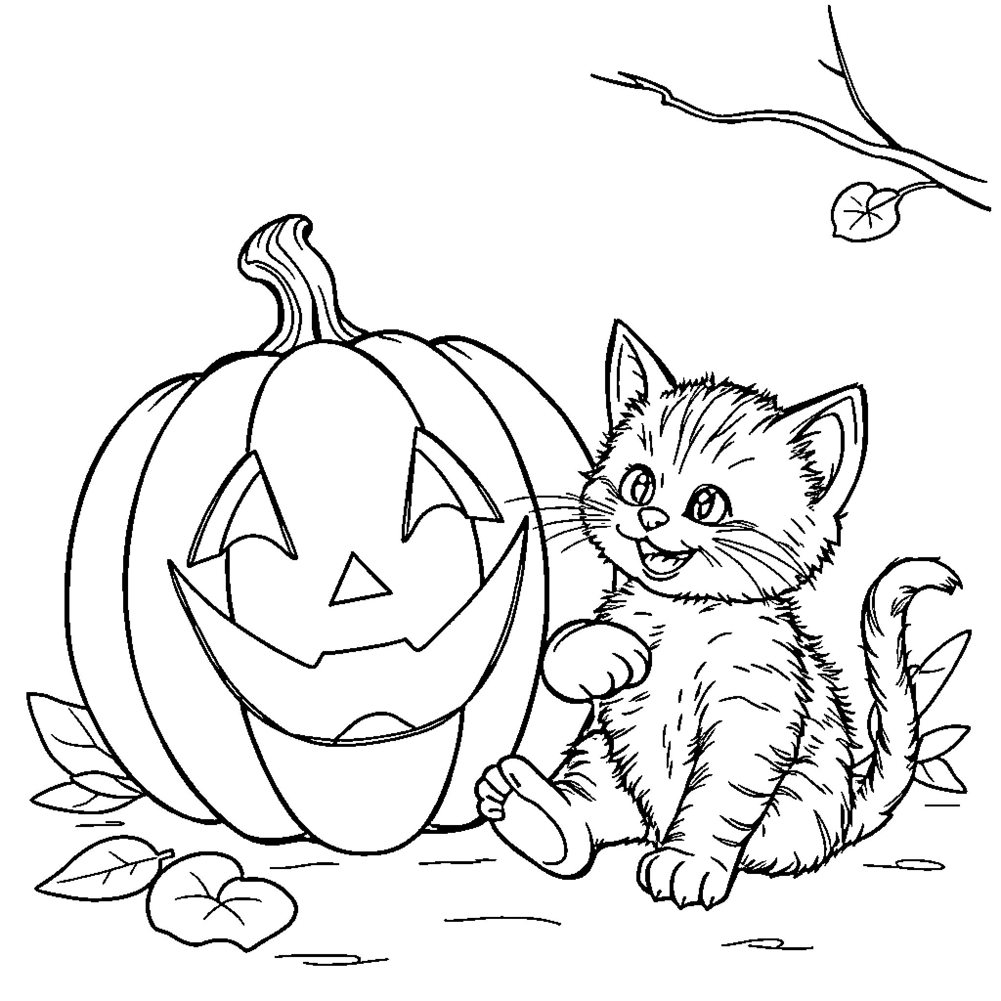 Jack-o'-lantern and playful kitten on Halloween Coloring Page (free black-and-white line drawing printable PDF for all, from beginners to advanced learners, including children, teens, adults, and seniors)