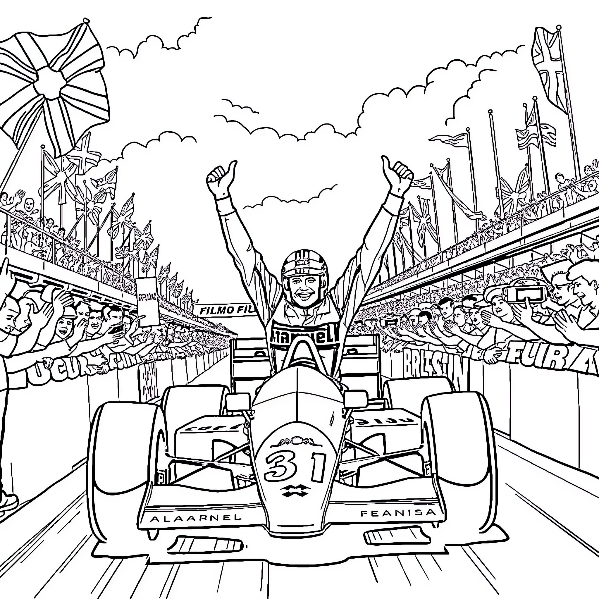 Nigel Mansell celebrating Formula One victory at packed racing event Coloring Page (free black-and-white line drawing printable PDF for all, from beginners to advanced learners, including children, teens, adults, and seniors)