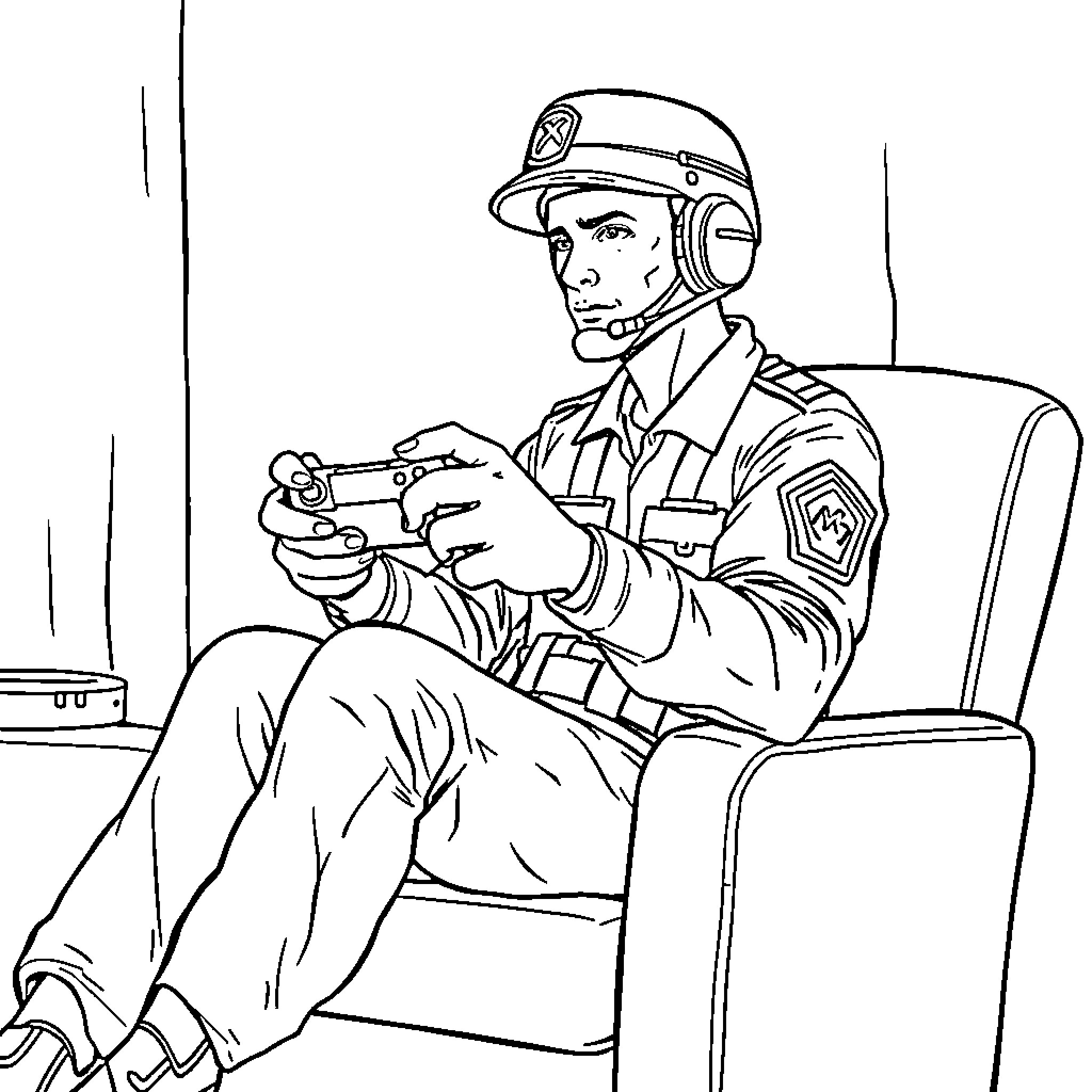 Military Guy Playing Video Game Coloring Page (free black-and-white line drawing printable PDF for all, from beginners to advanced learners, including children, teens, adults, and seniors)