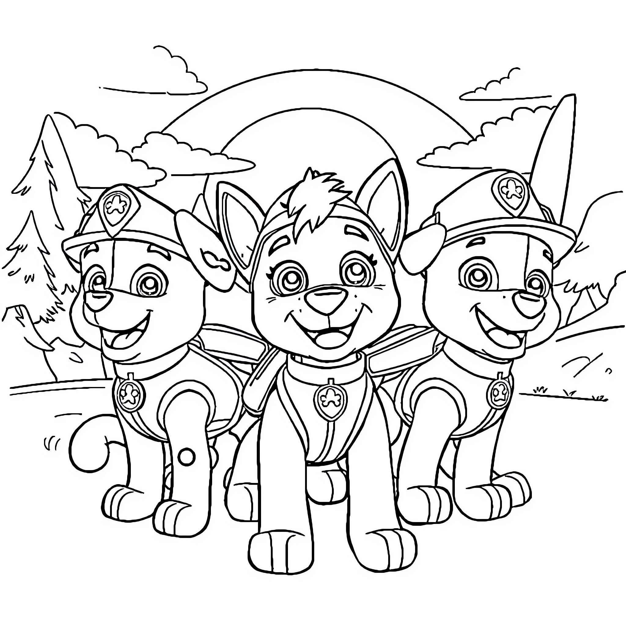 Paw Patrol pups on an outdoor adventure Coloring Page (free black-and-white line drawing printable PDF for all, from beginners to advanced learners, including children, teens, adults, and seniors)