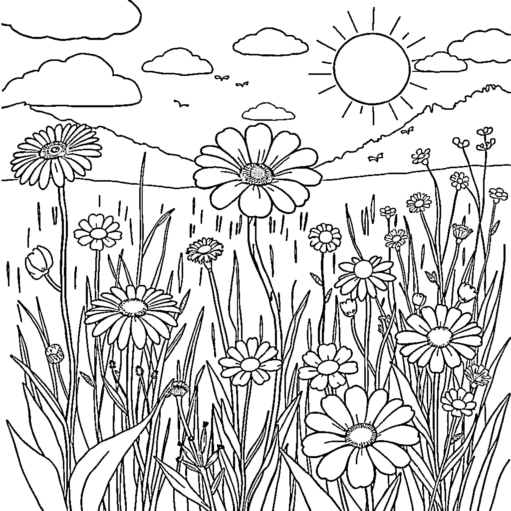 Wildflower meadow scene with sun and clouds Coloring Page (free black-and-white line drawing printable PDF for all, from beginners to advanced learners, including children, teens, adults, and seniors)