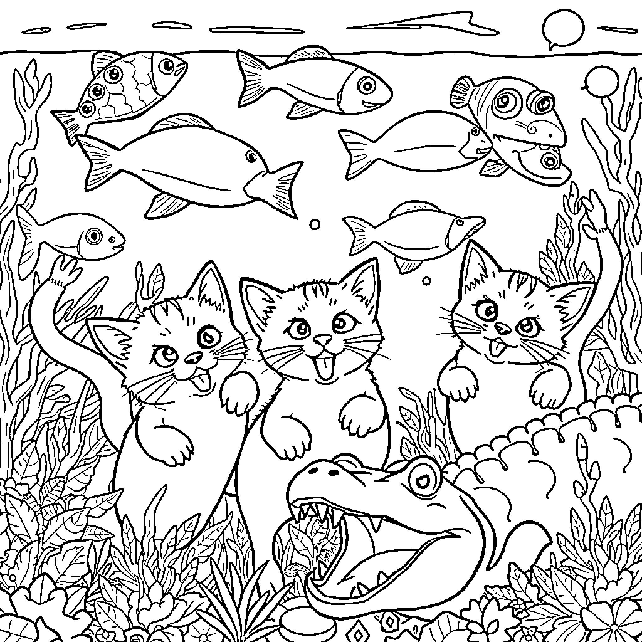 Cat and friends explore the underwater world Coloring Page (free black-and-white line drawing printable PDF for all, from beginners to advanced learners, including children, teens, adults, and seniors)