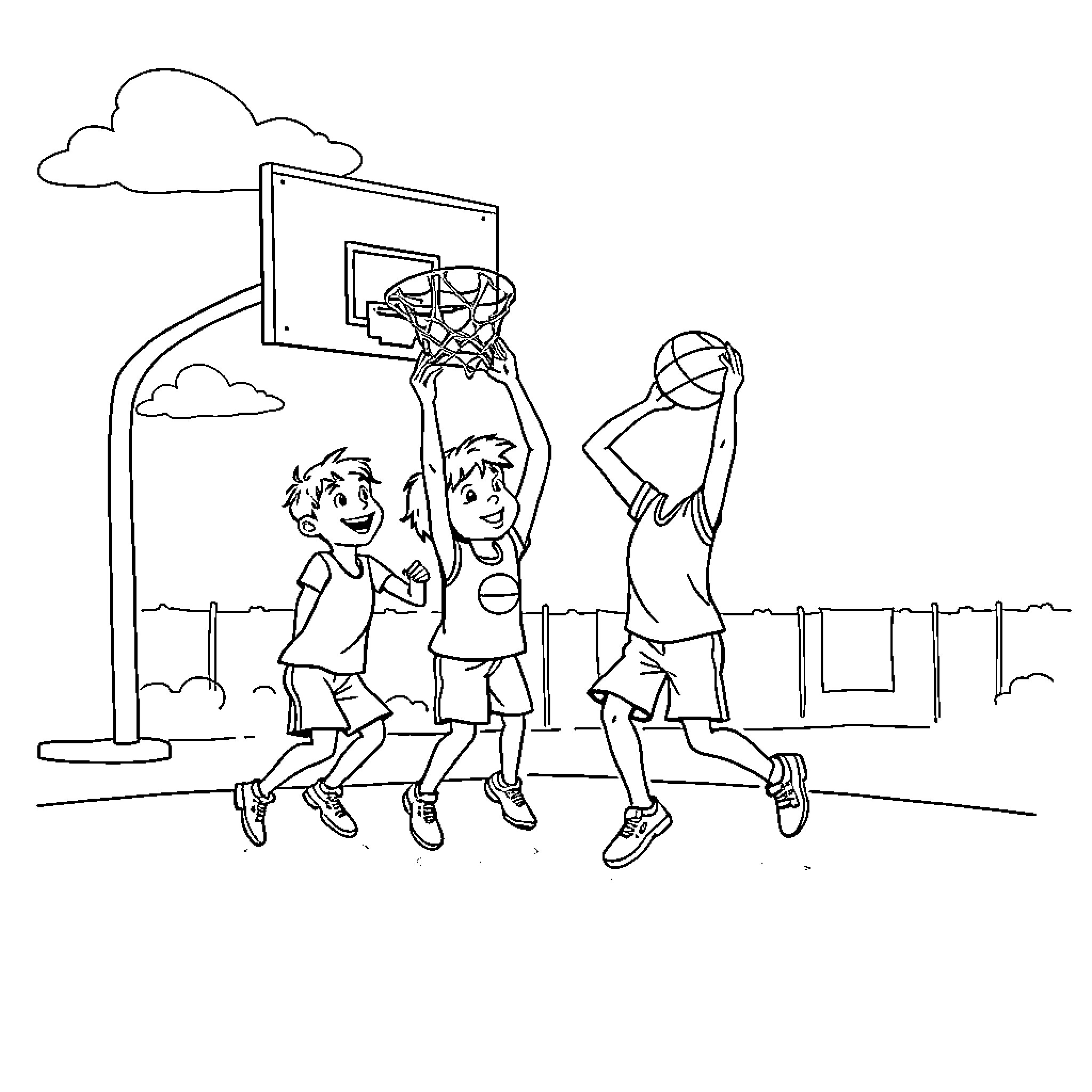 Child playing outdoor basketball with friends Coloring Page (free black-and-white line drawing printable PDF for all, from beginners to advanced learners, including children, teens, adults, and seniors)