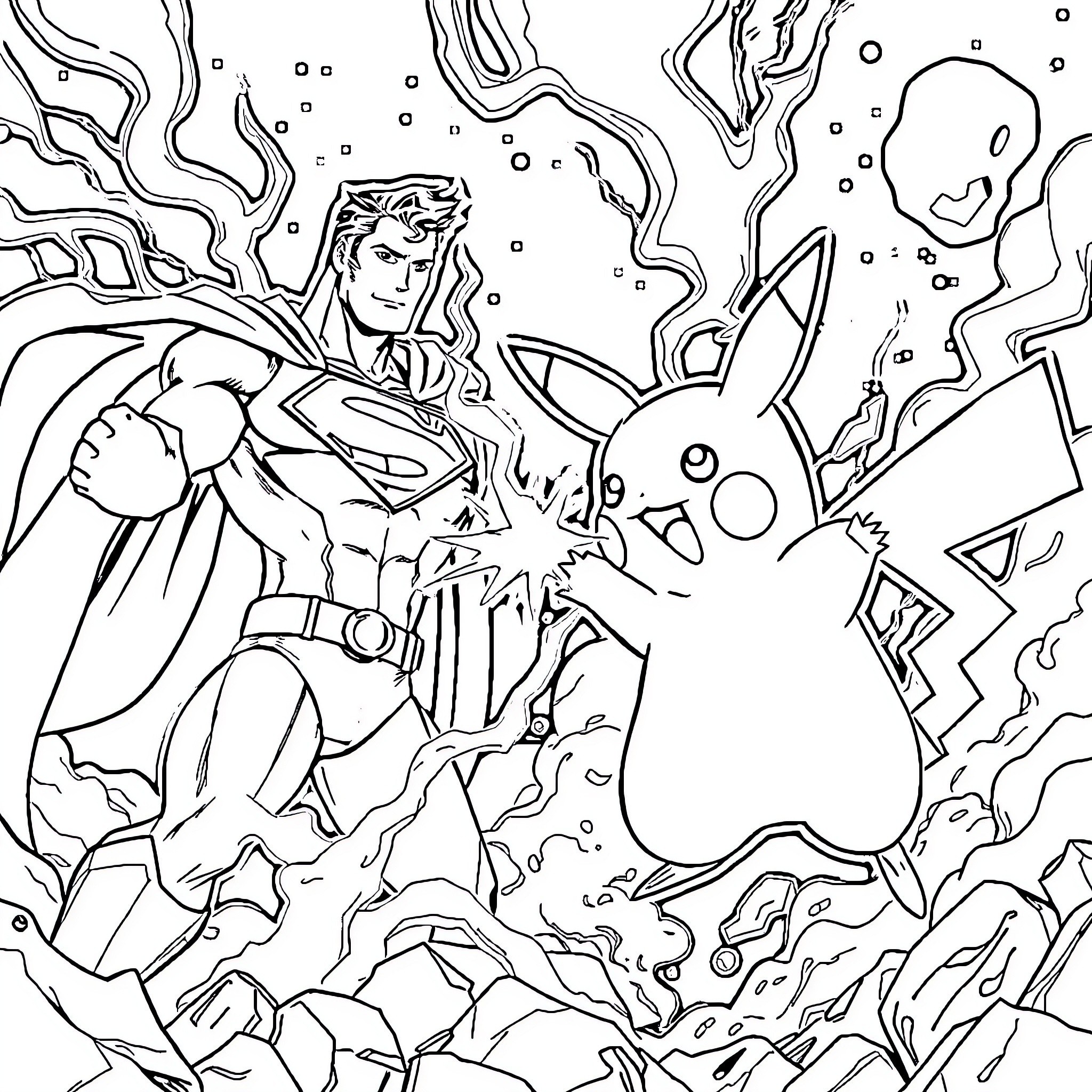 Pikachu and the Superhero in Magical Adventure Coloring Page (free black-and-white line drawing printable PDF for all, from beginners to advanced learners, including children, teens, adults, and seniors)