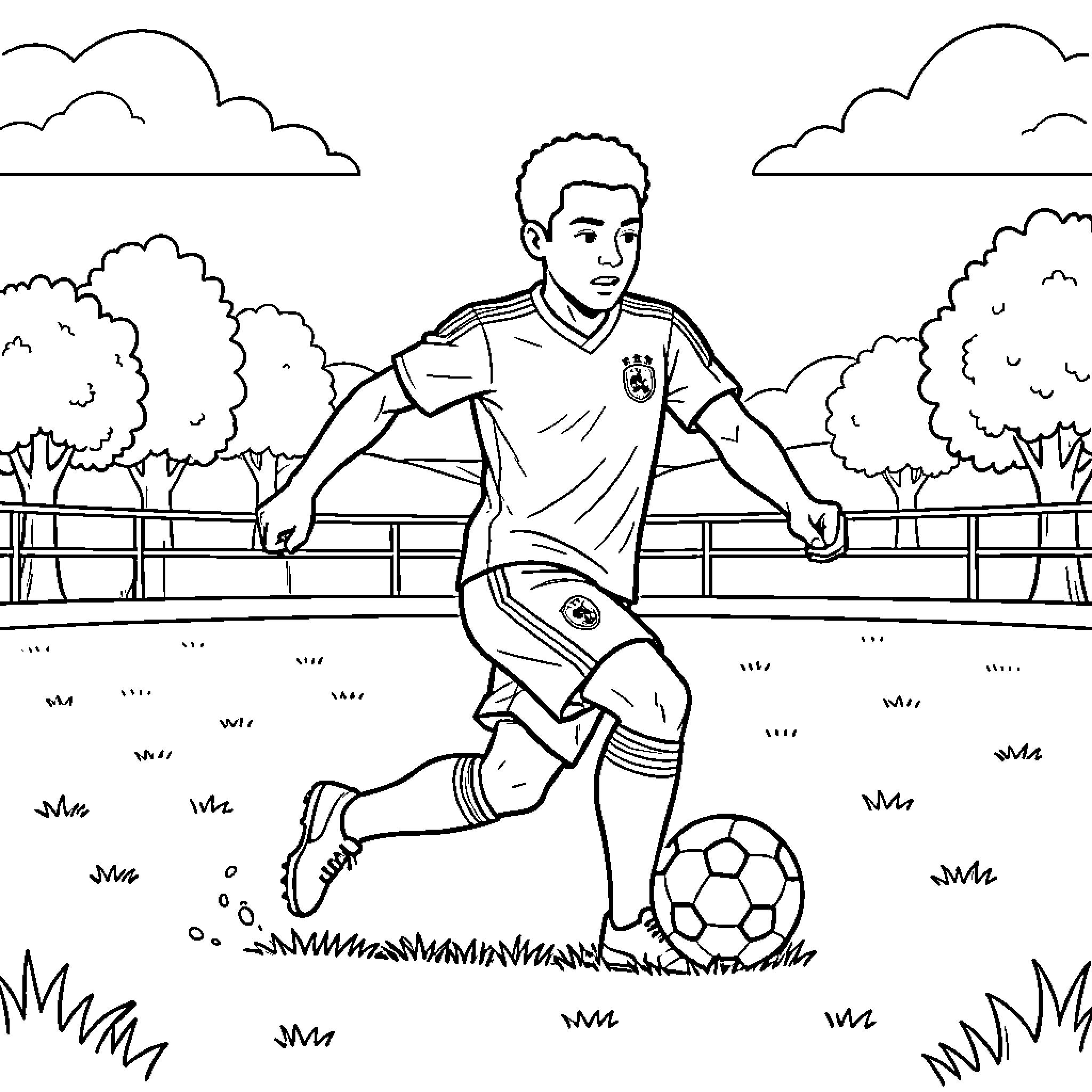 Lamin playing soccer on a field with determination Coloring Page (free black-and-white line drawing printable PDF for all, from beginners to advanced learners, including children, teens, adults, and seniors)
