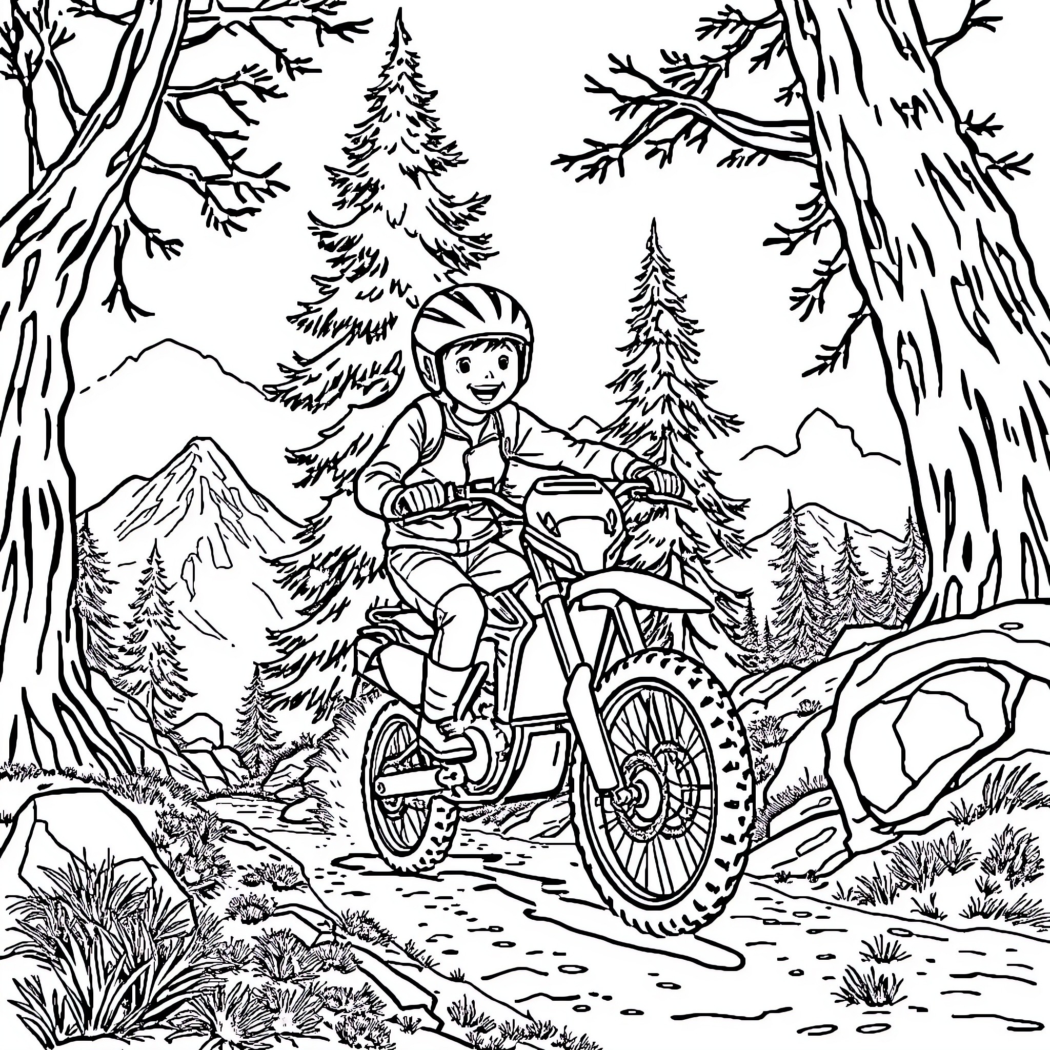 VTT: Biker traversing rugged mountain terrain Coloring Page (free black-and-white line drawing printable PDF for all, from beginners to advanced learners, including children, teens, adults, and seniors)