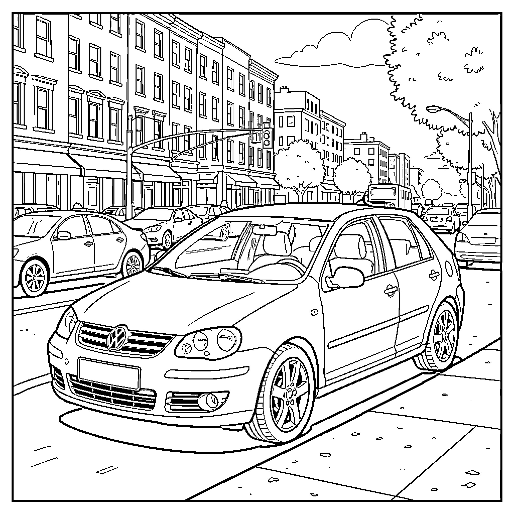 Jetta A3 in a Busy City Street Coloring Page (free black-and-white line drawing printable PDF for all, from beginners to advanced learners, including children, teens, adults, and seniors)