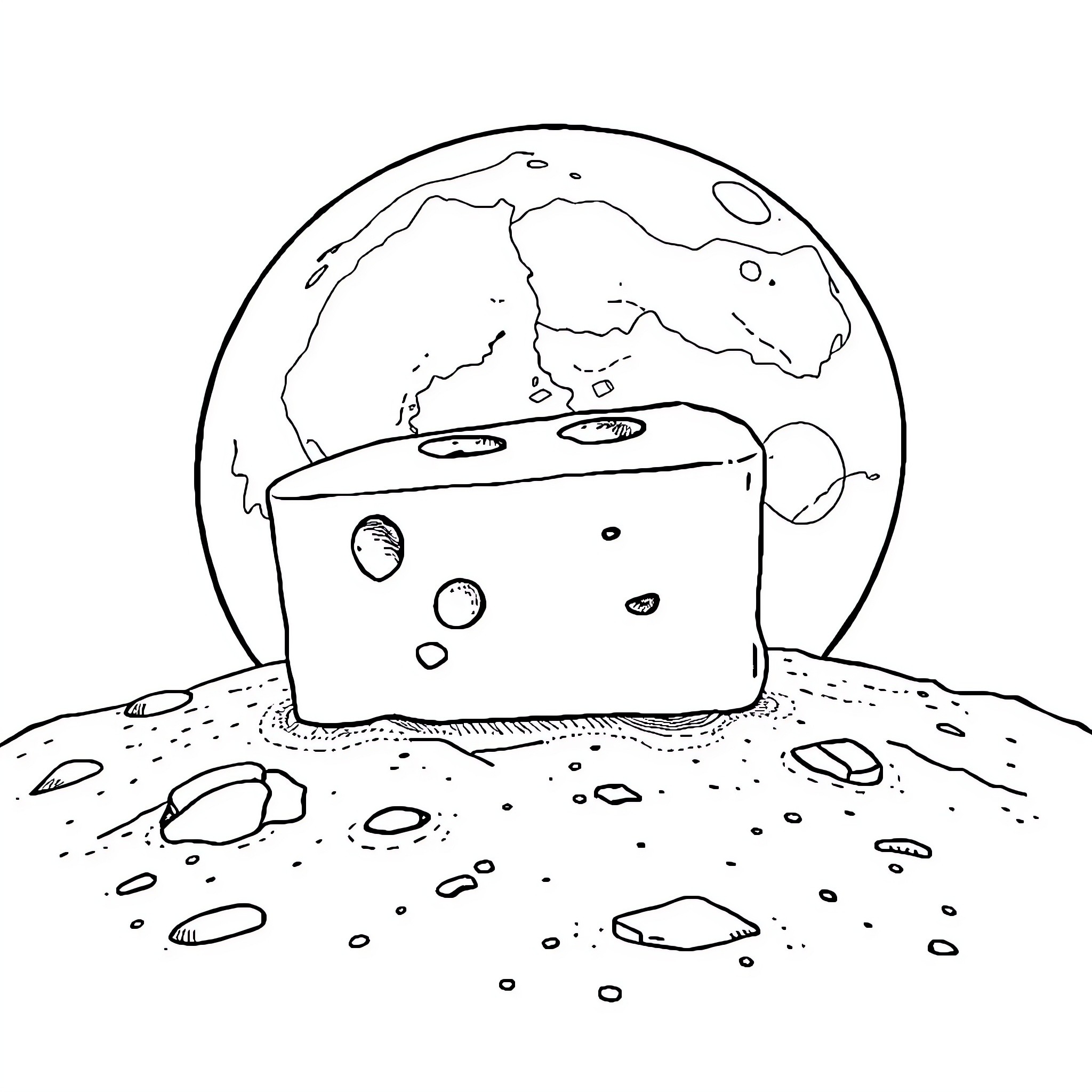 Cheese block adrift in cosmic space Coloring Page (free black-and-white line drawing printable PDF for all, from beginners to advanced learners, including children, teens, adults, and seniors)