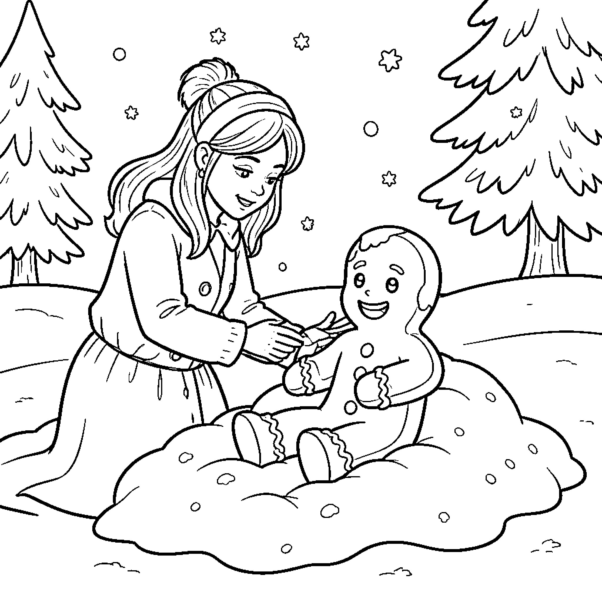 Lady decorating a gingerbread man in the snow Coloring Page (free black-and-white line drawing printable PDF for all, from beginners to advanced learners, including children, teens, adults, and seniors)