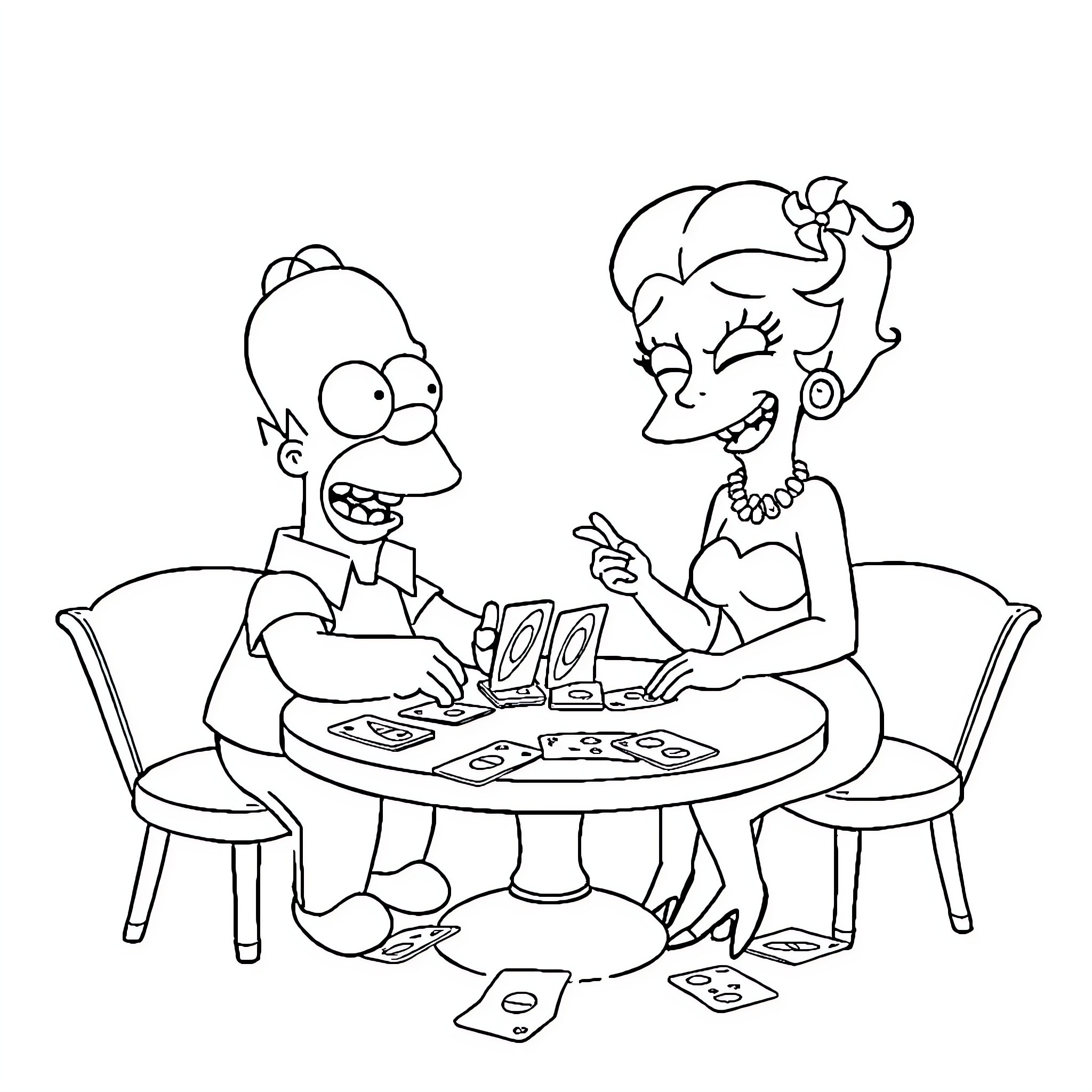 Homer Simpson playing cards with a woman at a table Coloring Page (free black-and-white line drawing printable PDF for all, from beginners to advanced learners, including children, teens, adults, and seniors)
