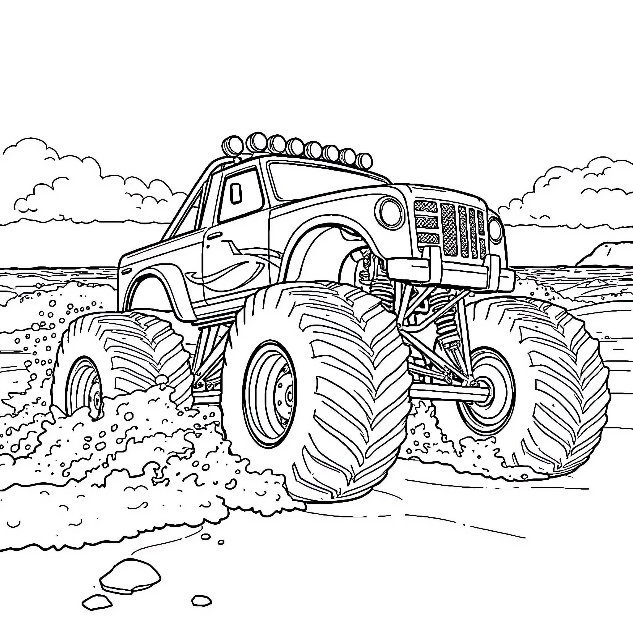 Monster Truck Crushing through the Rugged Terrain Coloring Page (free black-and-white line drawing printable PDF for all, from beginners to advanced learners, including children, teens, adults, and seniors)