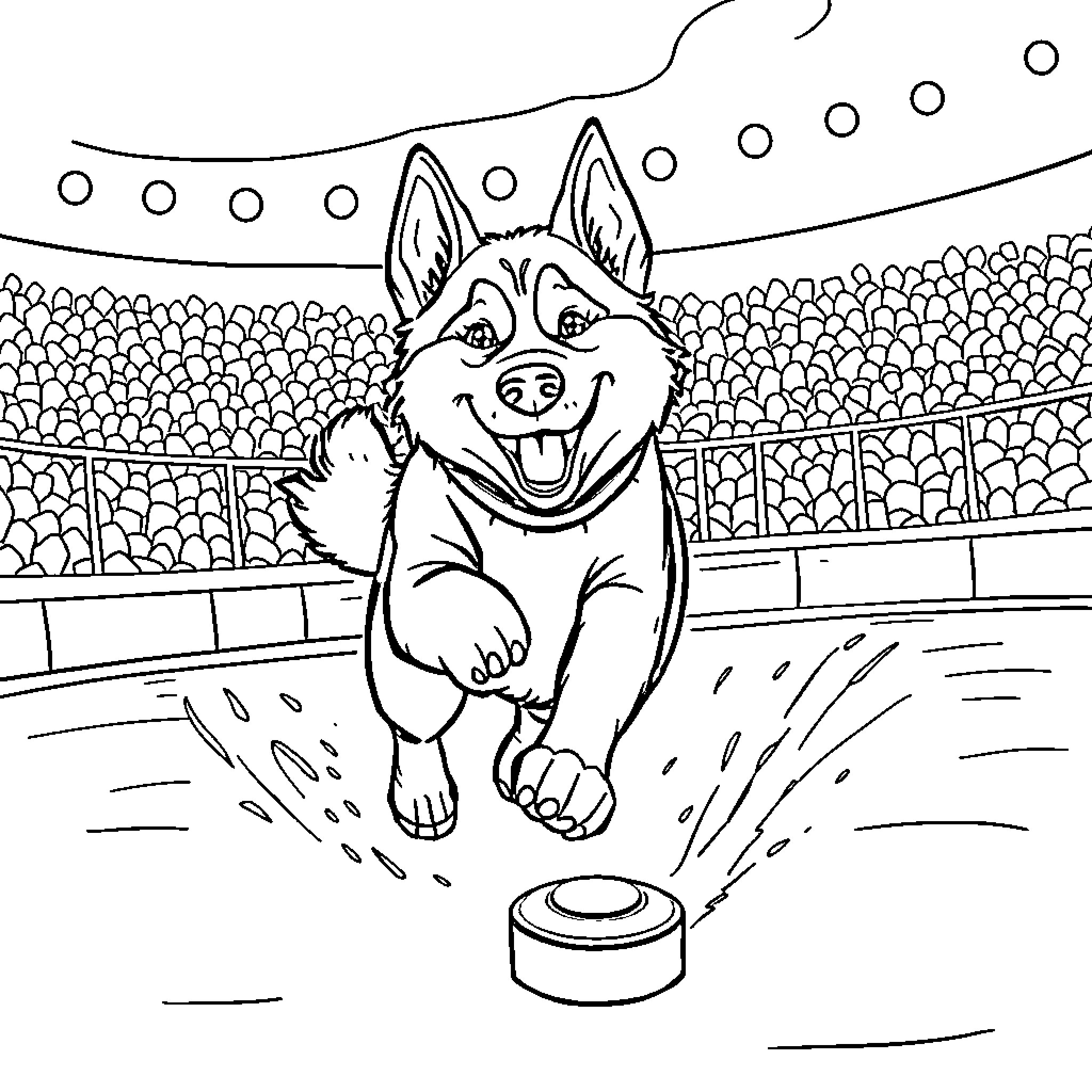 Husky playing happily with a toy in the stadium Coloring Page (free black-and-white line drawing printable PDF for all, from beginners to advanced learners, including children, teens, adults, and seniors)