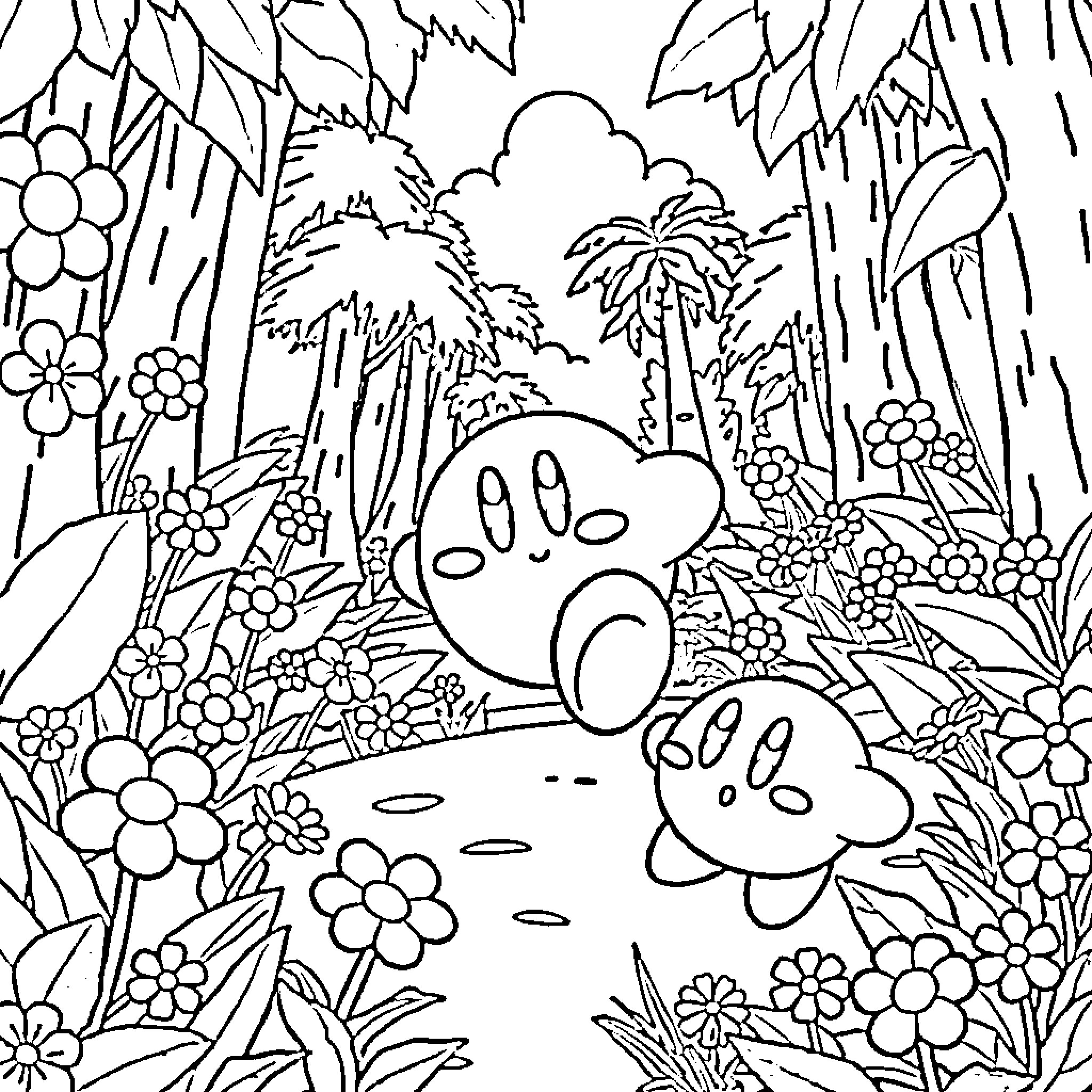 Kirby Explores a Whimsical Floral Landscape Coloring Page (free black-and-white line drawing printable PDF for all, from beginners to advanced learners, including children, teens, adults, and seniors)