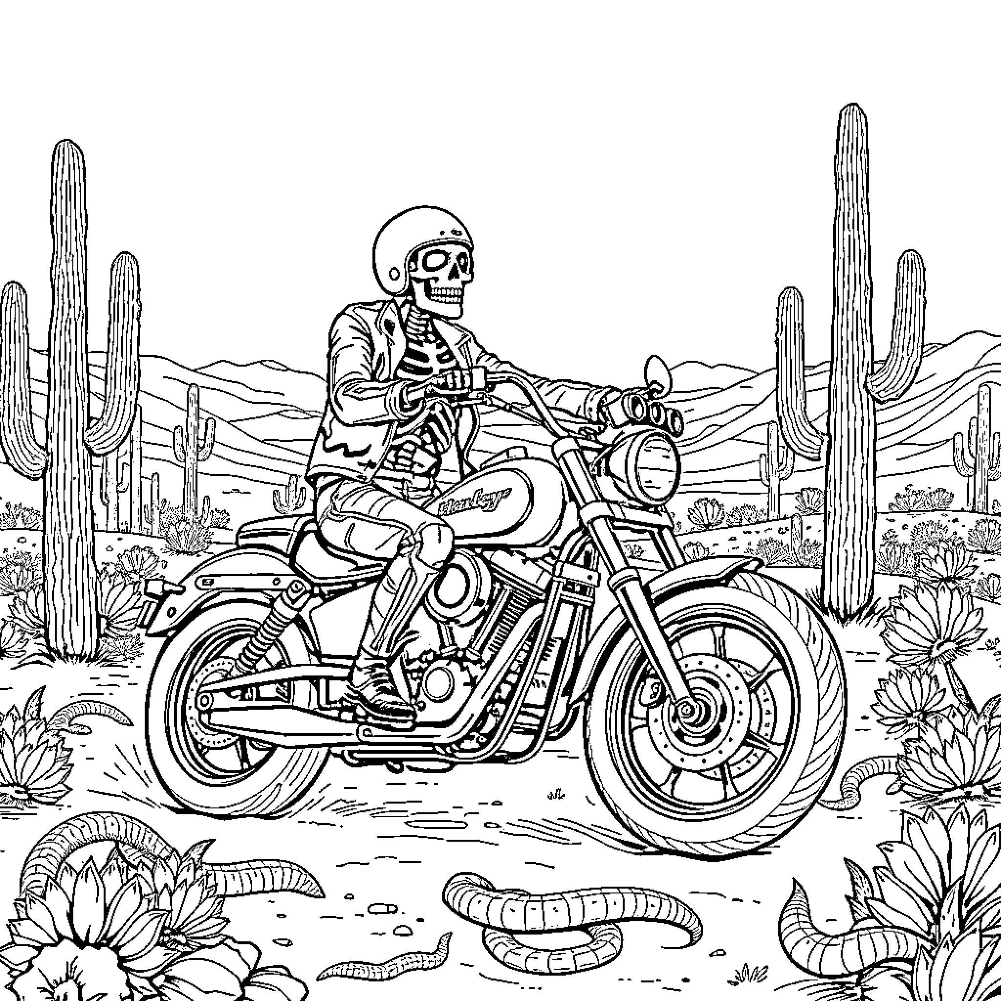 Skeleton Riding Motorcycle Through Desert Landscape Coloring Page (free black-and-white line drawing printable PDF for all, from beginners to advanced learners, including children, teens, adults, and seniors)