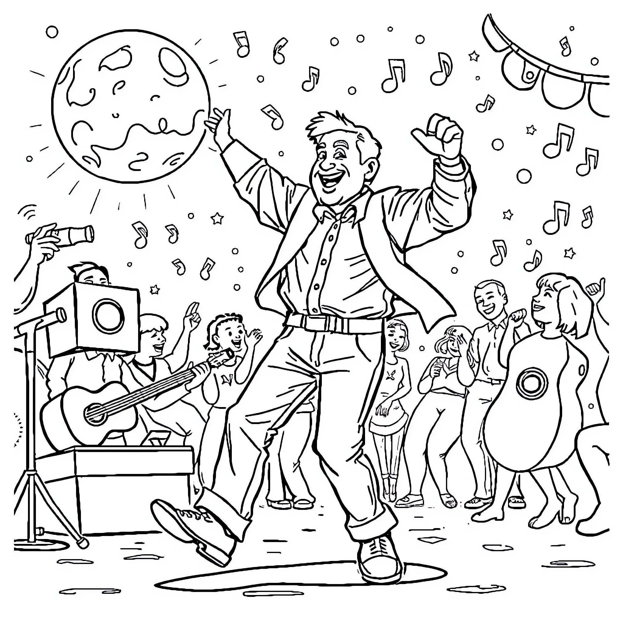 Daddy's Night Out with Music and Fun Coloring Page (free black-and-white line drawing printable PDF for all, from beginners to advanced learners, including children, teens, adults, and seniors)