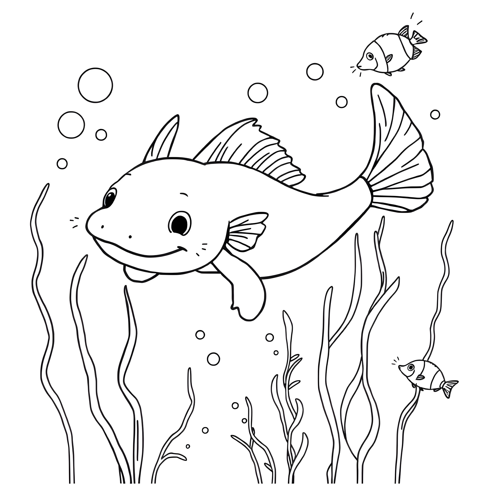 Axolotl exploring the underwater world Coloring Page (free black-and-white line drawing printable PDF for all, from beginners to advanced learners, including children, teens, adults, and seniors)