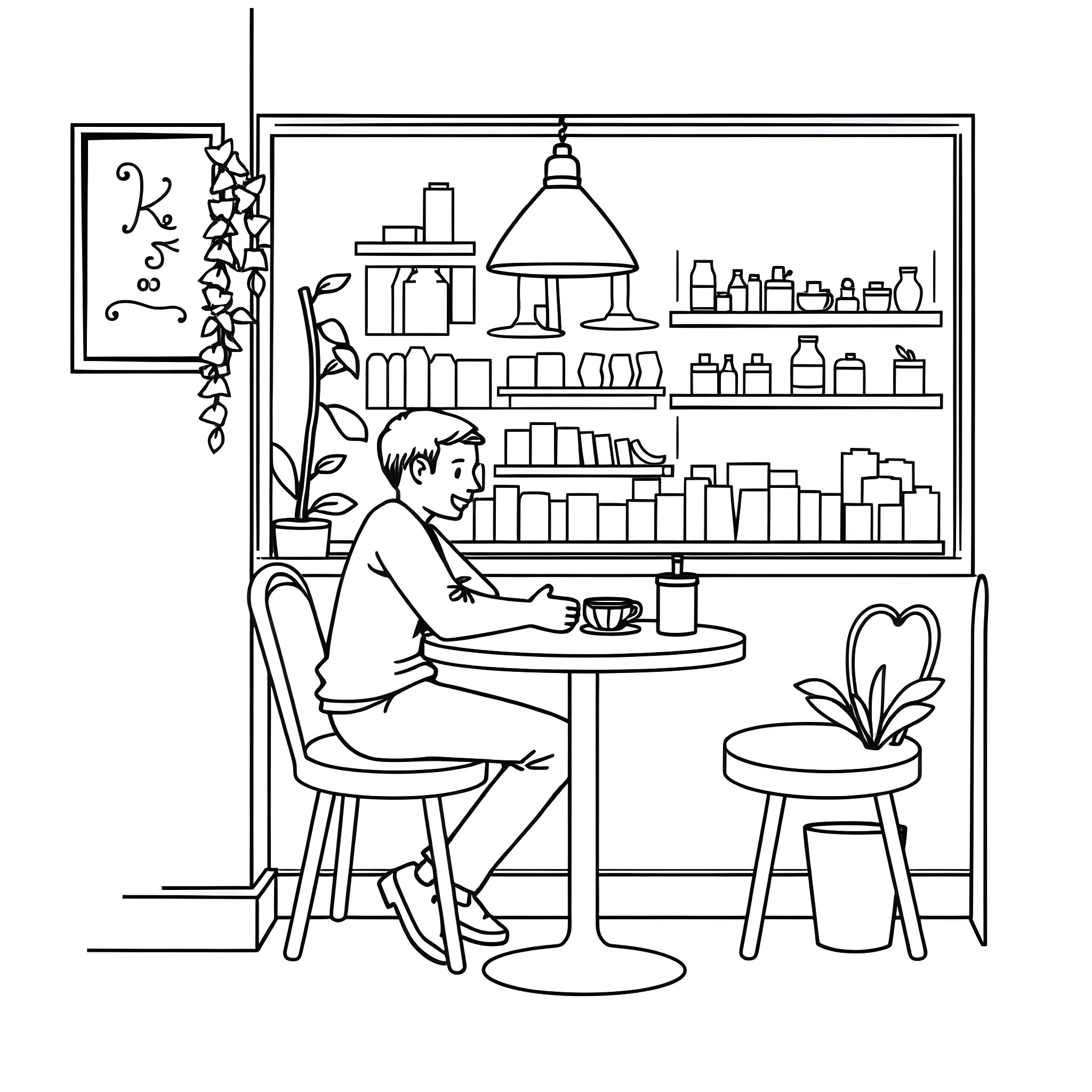 Man enjoying a drink in a cozy cafe Coloring Page (free black-and-white line drawing printable PDF for all, from beginners to advanced learners, including children, teens, adults, and seniors)