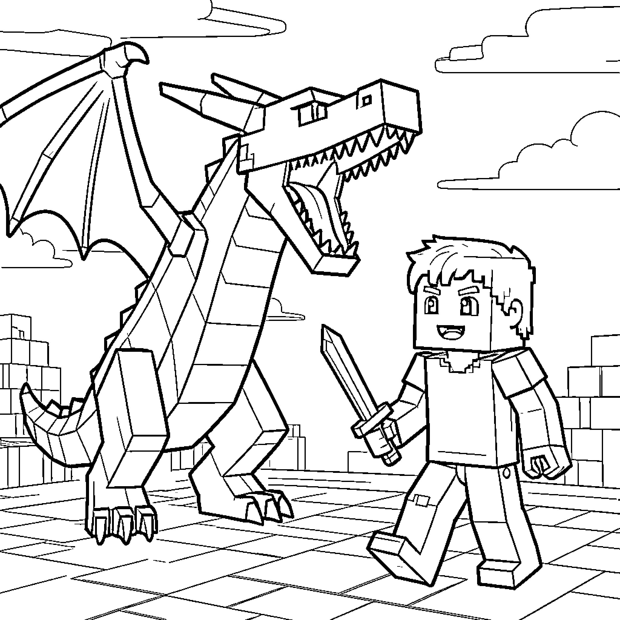 Ender Dragon battling with a heroic warrior Coloring Page (free black-and-white line drawing printable PDF for all, from beginners to advanced learners, including children, teens, adults, and seniors)