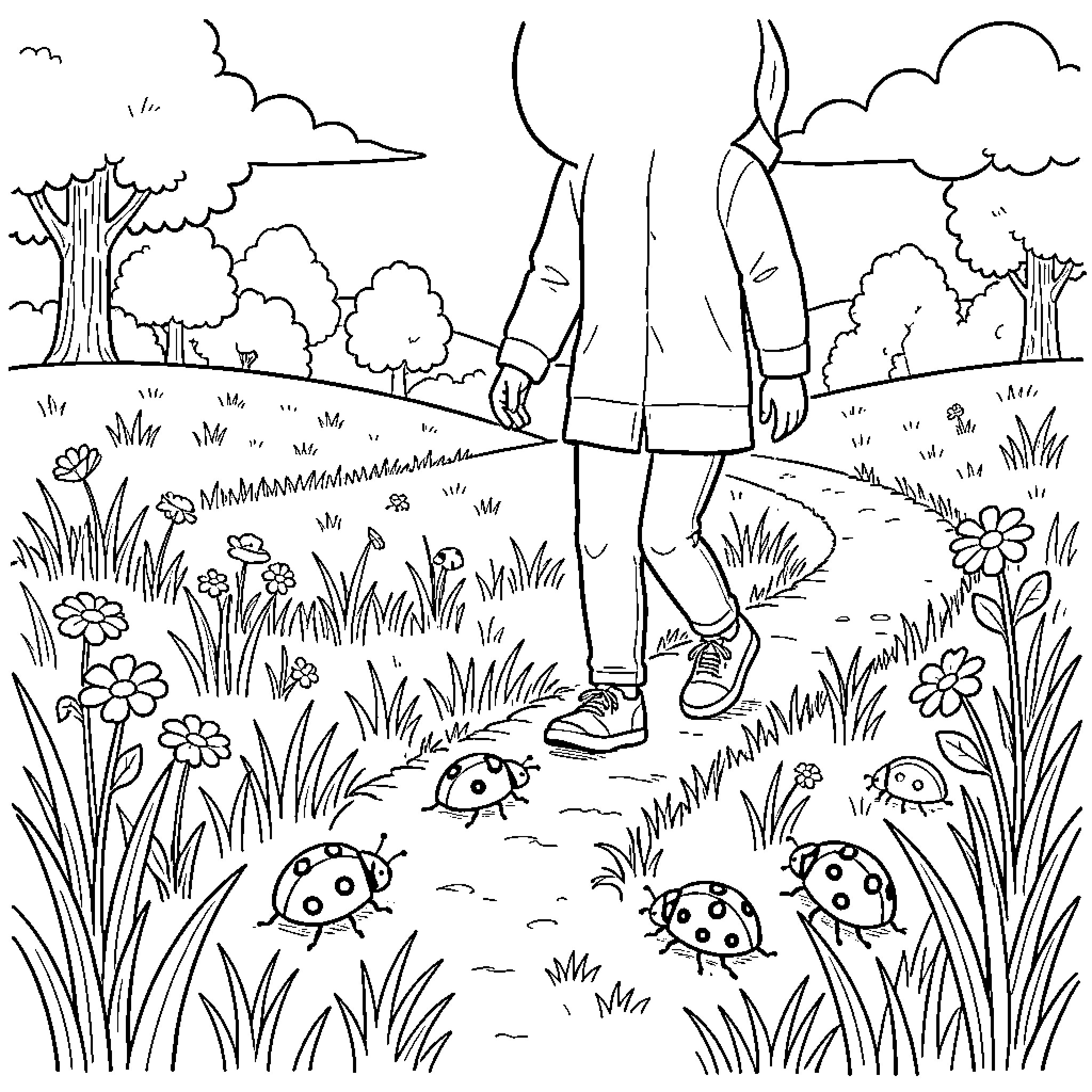 Perro walking along a path through a flower field Coloring Page (free black-and-white line drawing printable PDF for all, from beginners to advanced learners, including children, teens, adults, and seniors)