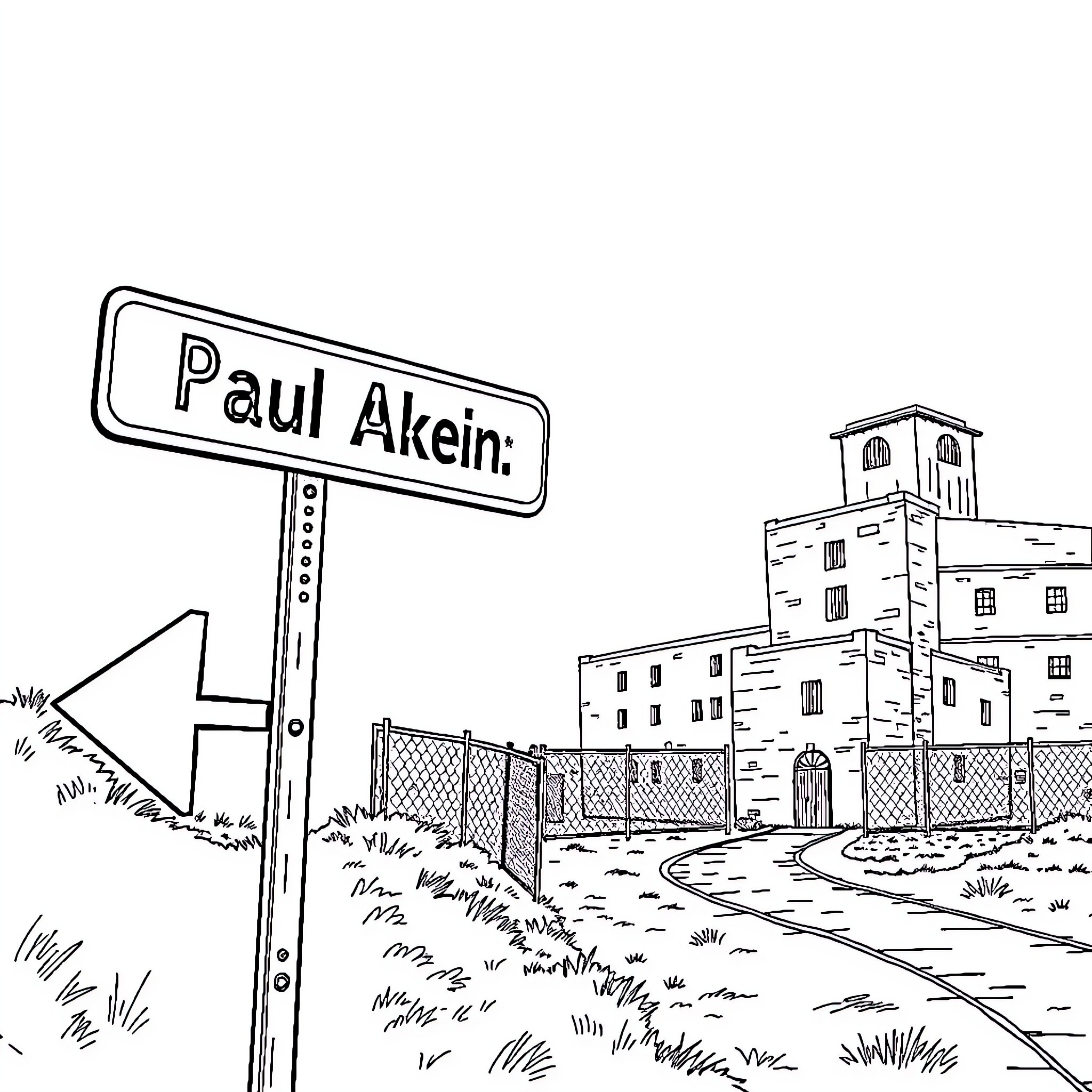 Street Sign on Quiet Urban Street Coloring Page (free black-and-white line drawing printable PDF for all, from beginners to advanced learners, including children, teens, adults, and seniors)
