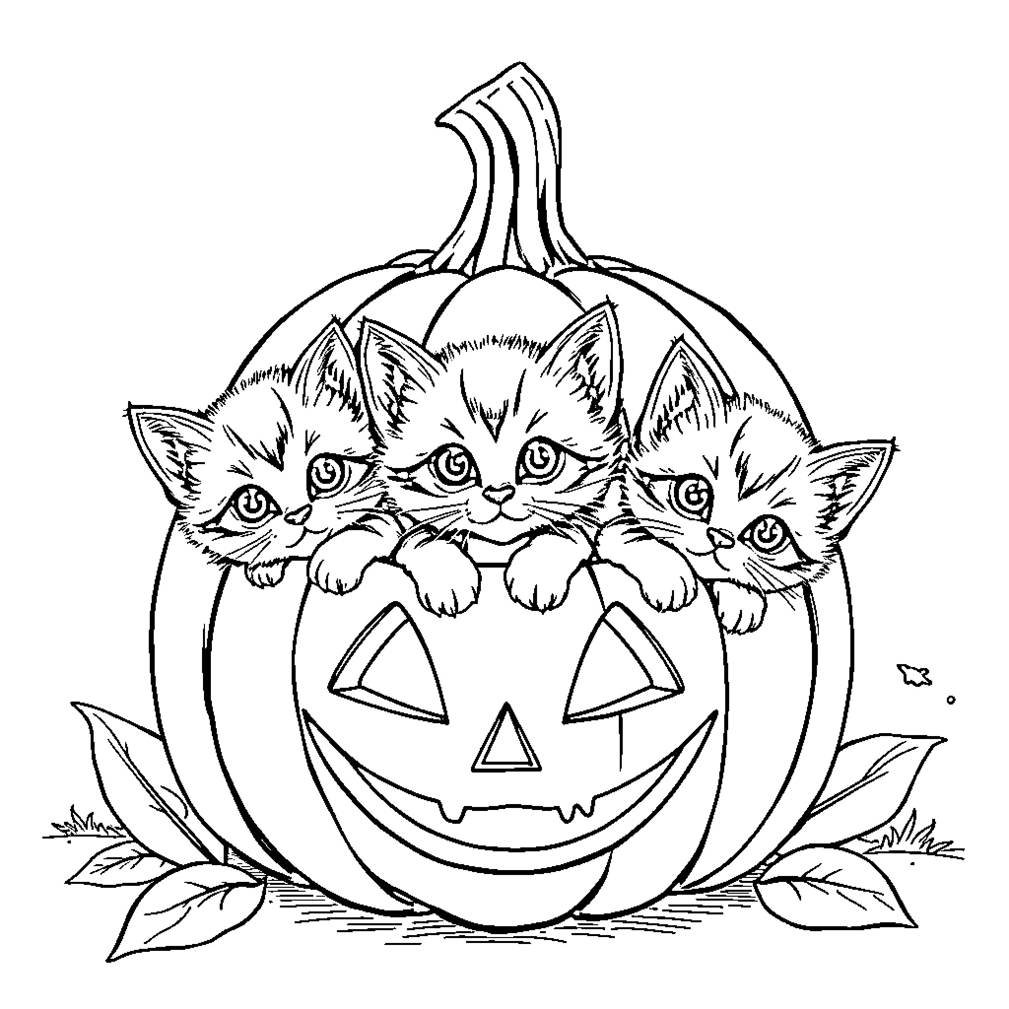 Kittens peering from pumpkin carving Coloring Page (free black-and-white line drawing printable PDF for all, from beginners to advanced learners, including children, teens, adults, and seniors)