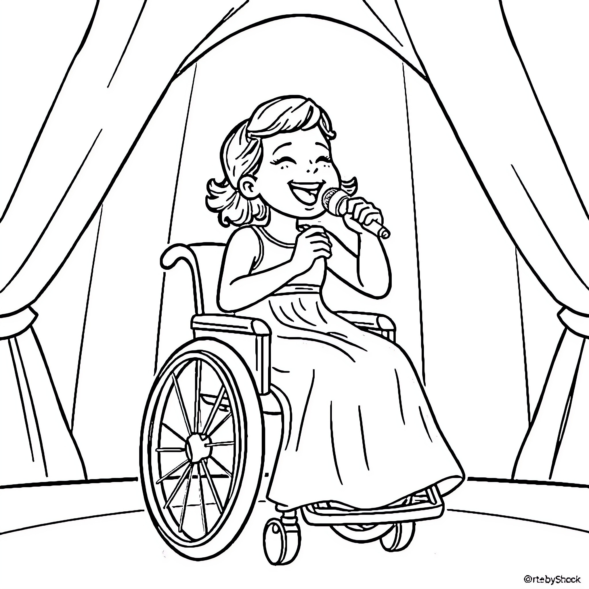 Girl singing joyfully on stage in wheelchair Coloring Page (free black-and-white line drawing printable PDF for all, from beginners to advanced learners, including children, teens, adults, and seniors)