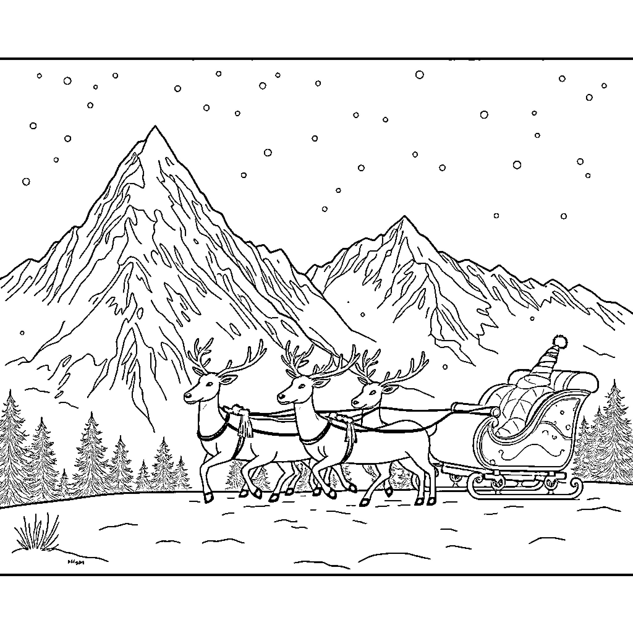 Mountain scene with reindeer sleigh ride Coloring Page (free black-and-white line drawing printable PDF for all, from beginners to advanced learners, including children, teens, adults, and seniors)
