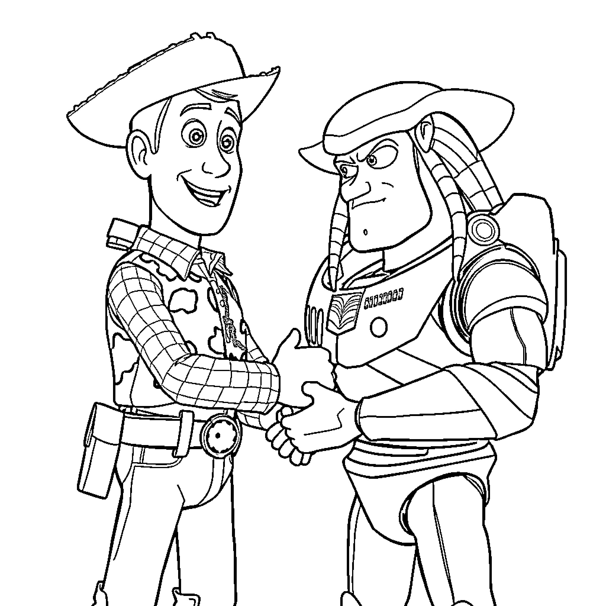 Woody and Buzz Lightyear in animated action poses Coloring Page (free black-and-white line drawing printable PDF for all, from beginners to advanced learners, including children, teens, adults, and seniors)