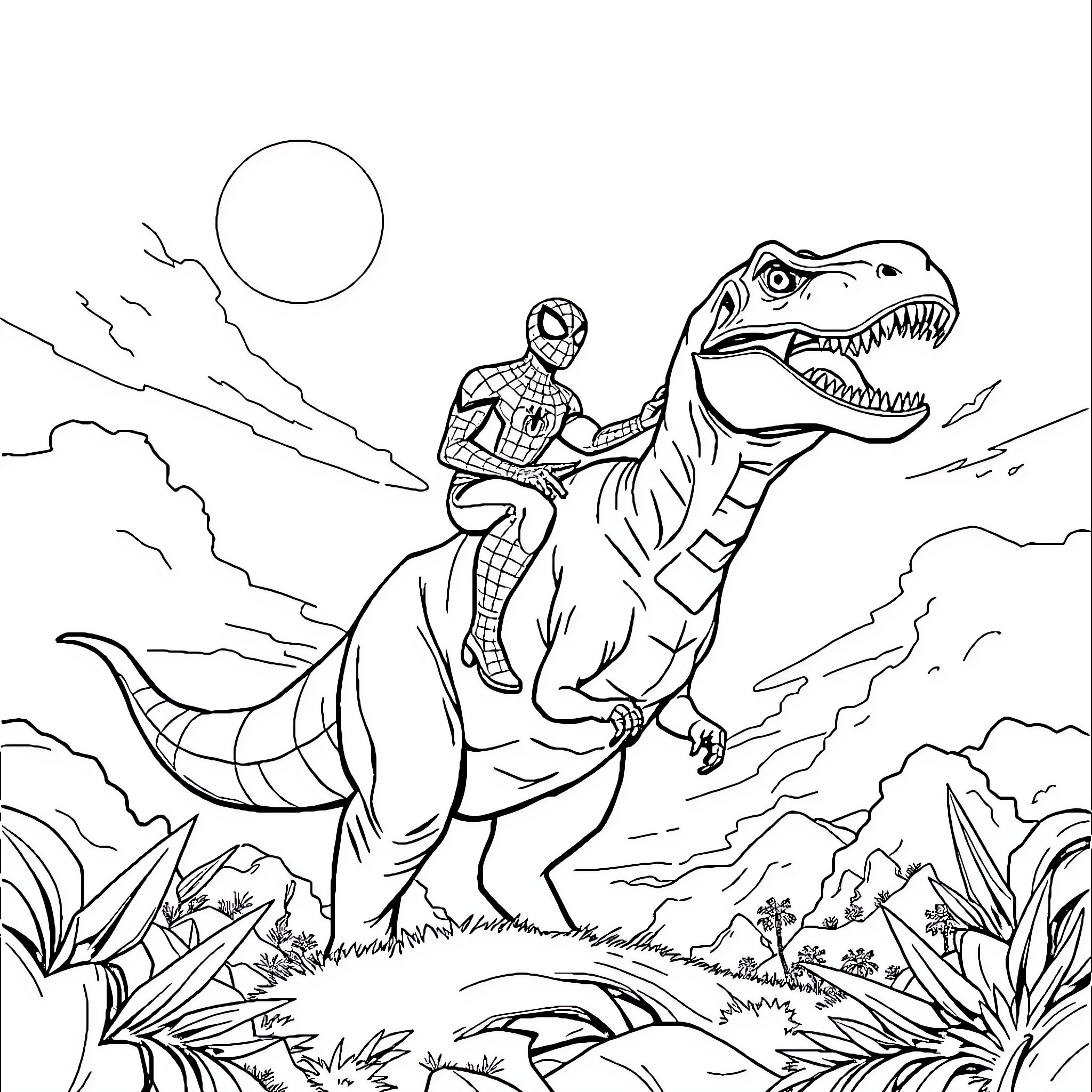 Spiderman riding a fearsome dinosaur in the wild Coloring Page (free black-and-white line drawing printable PDF for all, from beginners to advanced learners, including children, teens, adults, and seniors)