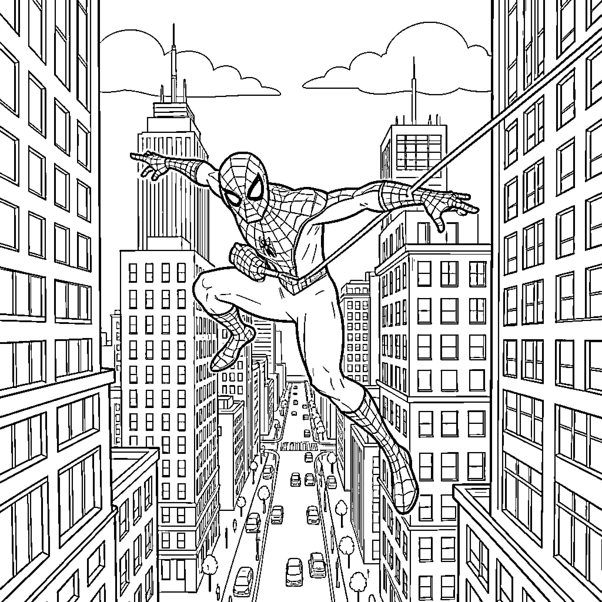 Spiderman swinging through the city skyscrapers Coloring Page (free black-and-white line drawing printable PDF for all, from beginners to advanced learners, including children, teens, adults, and seniors)