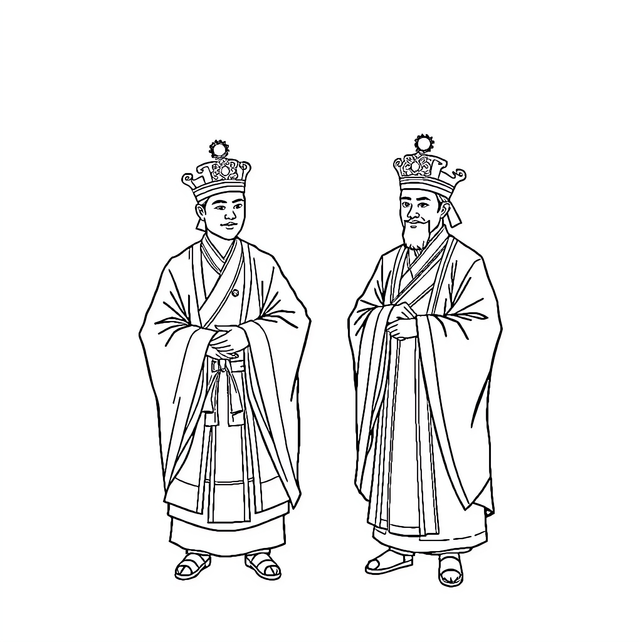 Prince Figures in Traditional Asian Robes and Crowns Coloring Page (free black-and-white line drawing printable PDF for all, from beginners to advanced learners, including children, teens, adults, and seniors)