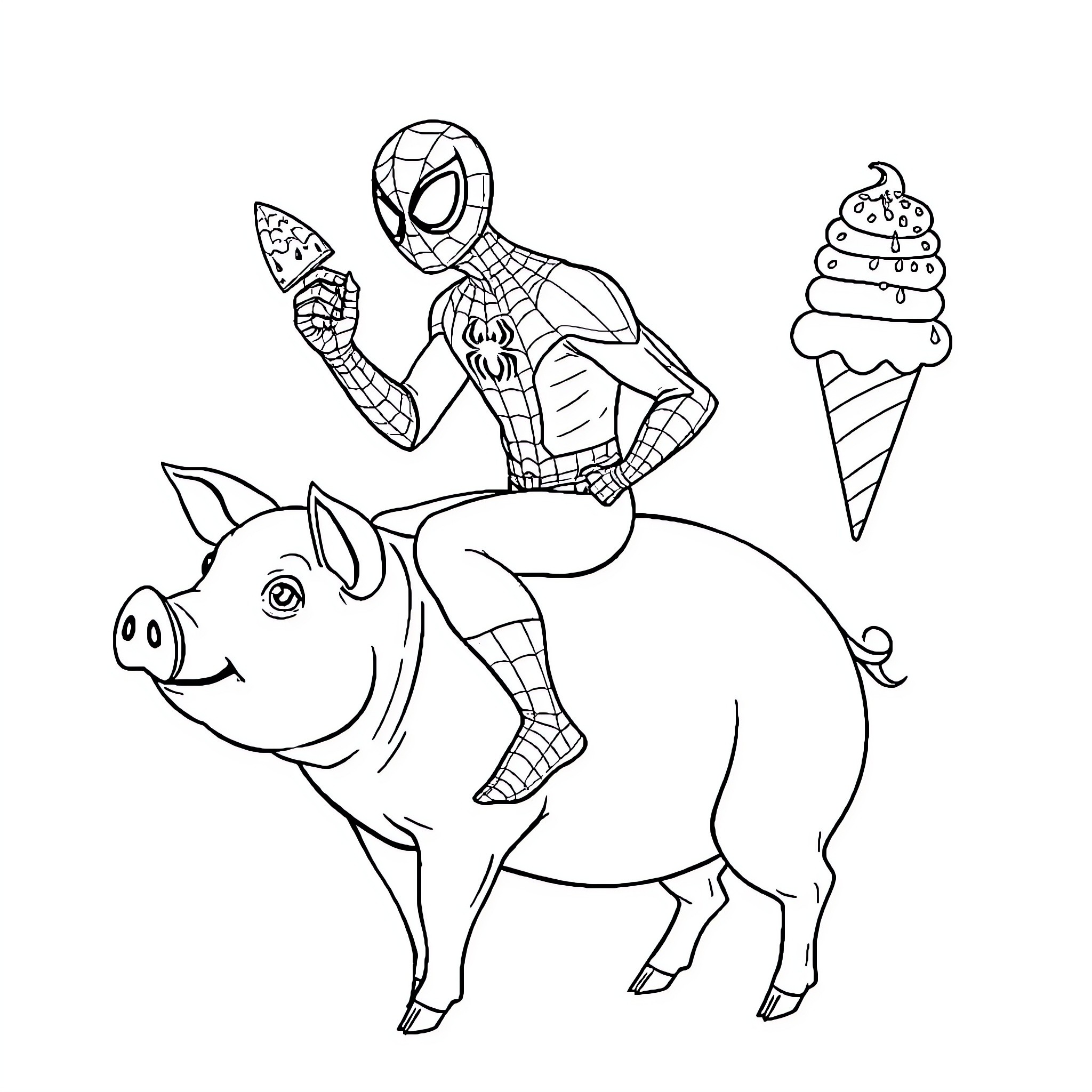 Spiderman riding on a pig with an ice cream cone Coloring Page (free black-and-white line drawing printable PDF for all, from beginners to advanced learners, including children, teens, adults, and seniors)