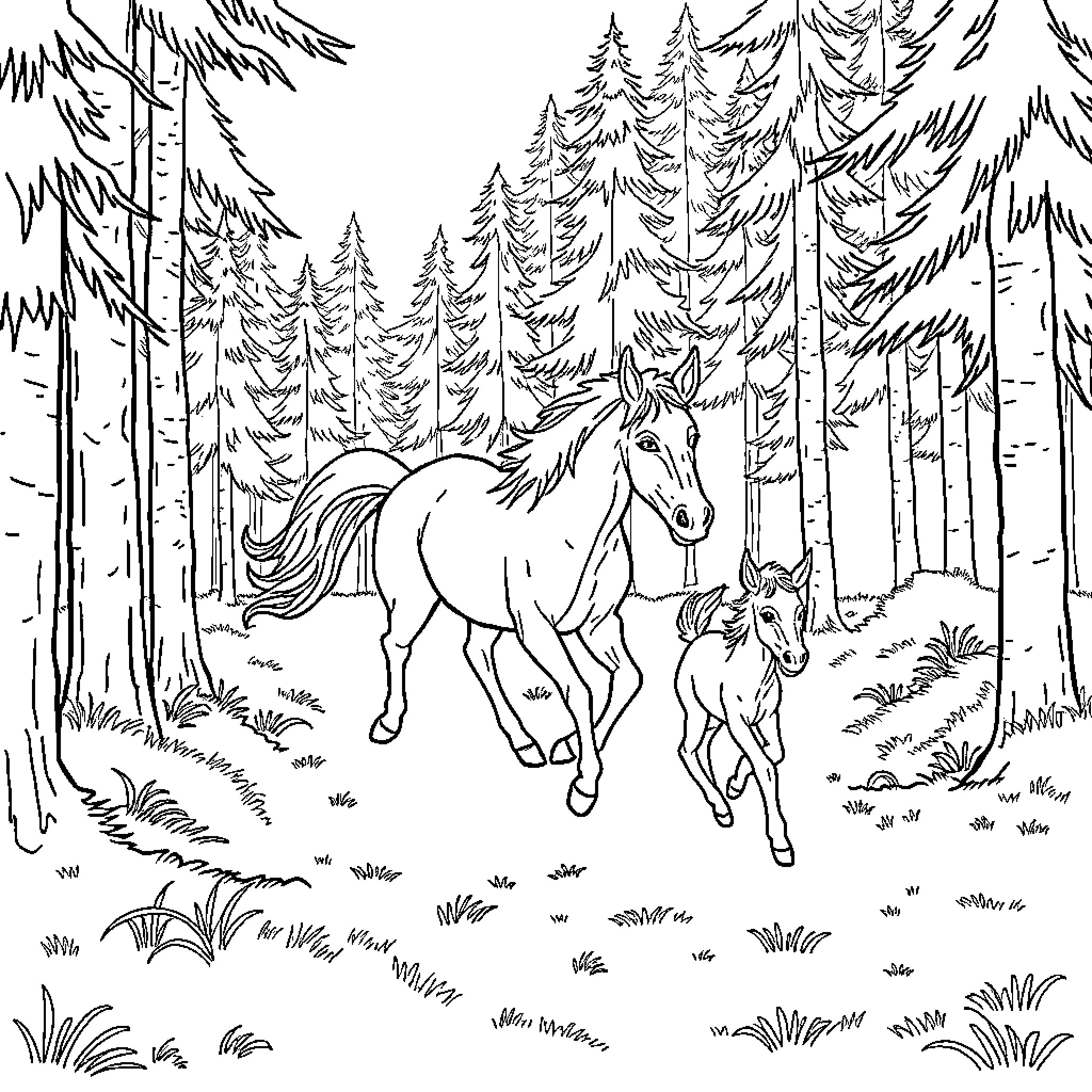 Mare and Foal Roam Through Forested Landscape Coloring Page (free black-and-white line drawing printable PDF for all, from beginners to advanced learners, including children, teens, adults, and seniors)