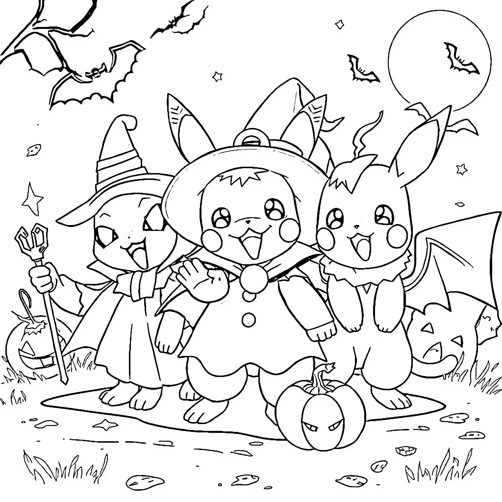 Pokémon friends dressed for a Halloween party Coloring Page (free black-and-white line drawing printable PDF for all, from beginners to advanced learners, including children, teens, adults, and seniors)