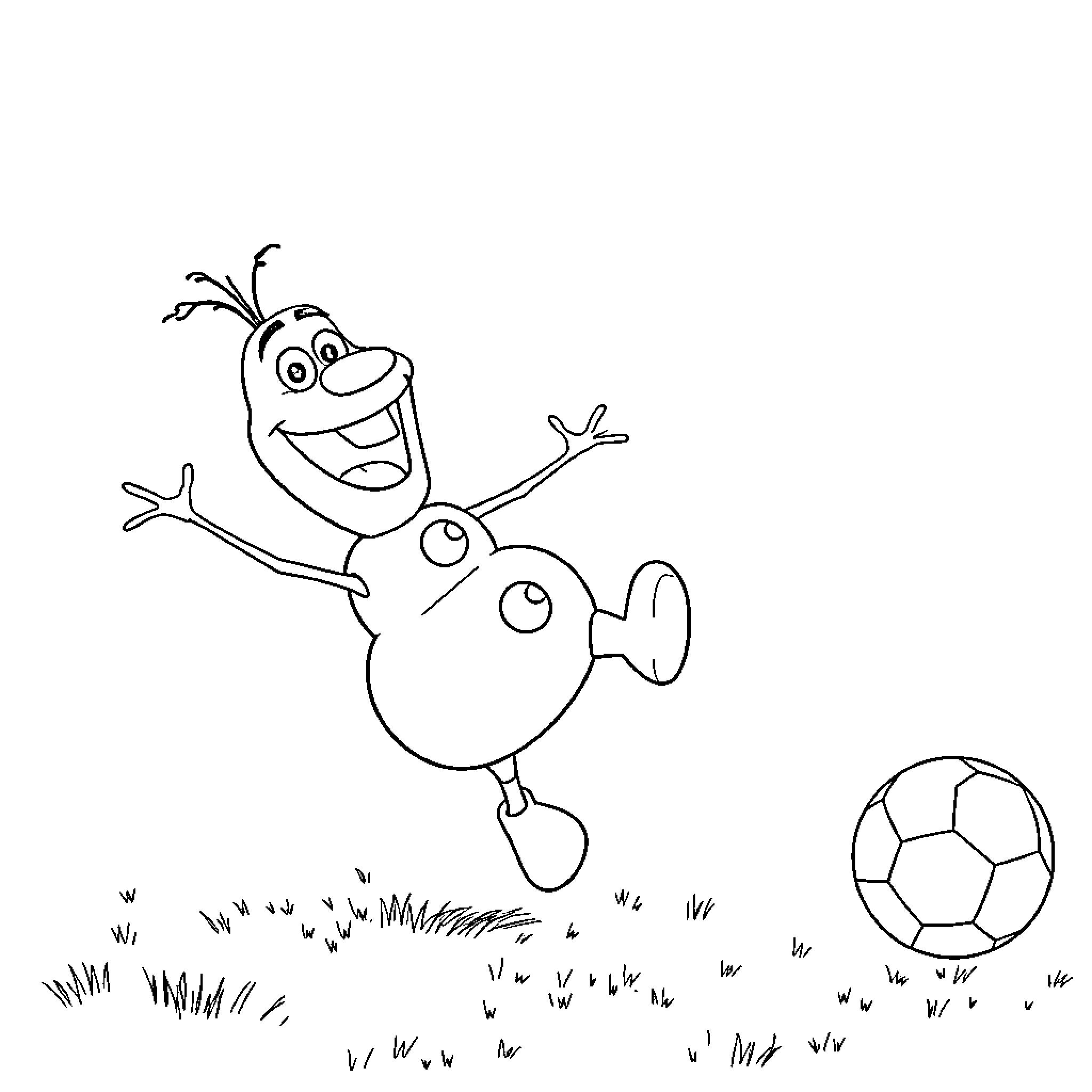 Olaf playing gleefully with a soccer ball Coloring Page (free black-and-white line drawing printable PDF for all, from beginners to advanced learners, including children, teens, adults, and seniors)