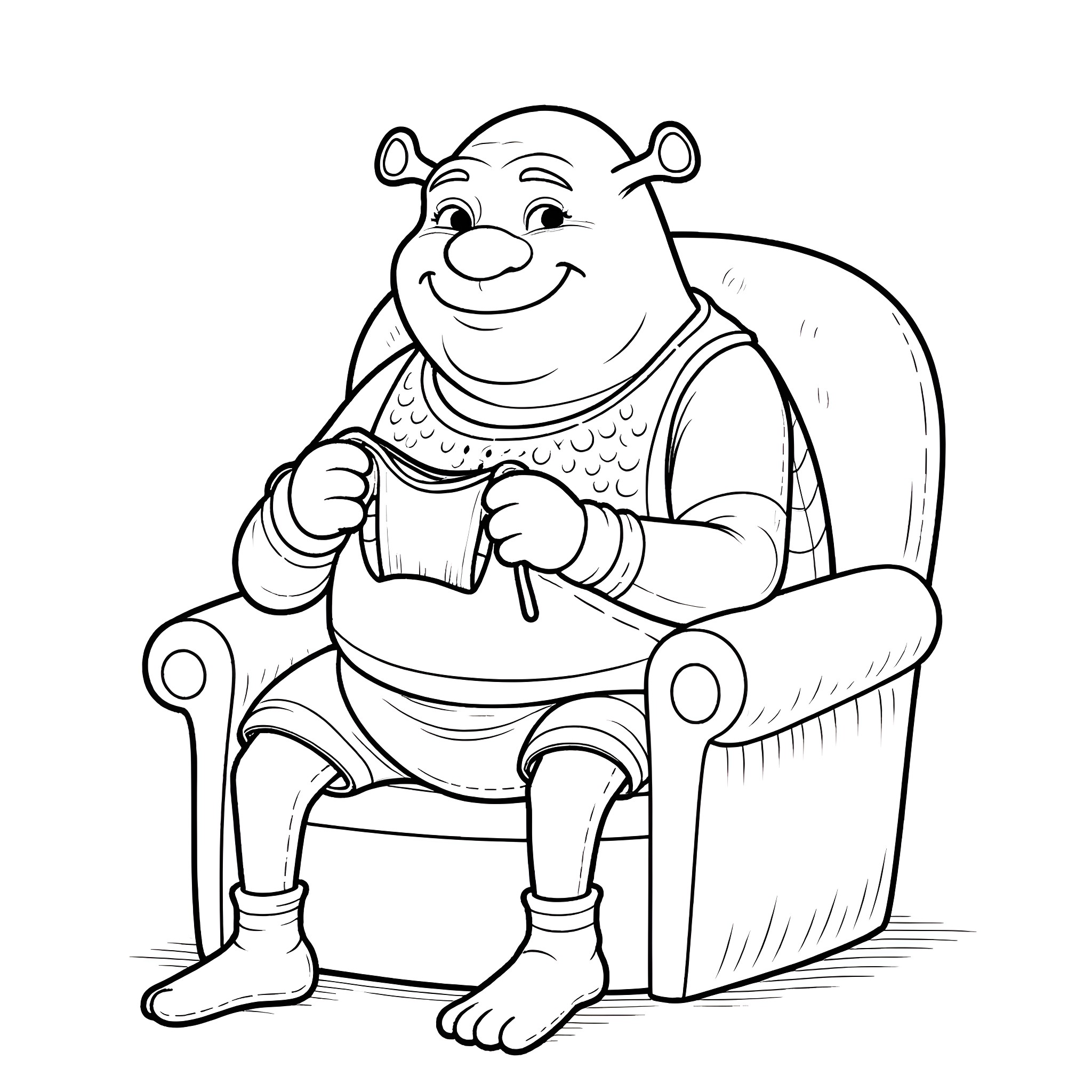 Shrek relaxing comfortably in his armchair Coloring Page (free black-and-white line drawing printable PDF for all, from beginners to advanced learners, including children, teens, adults, and seniors)