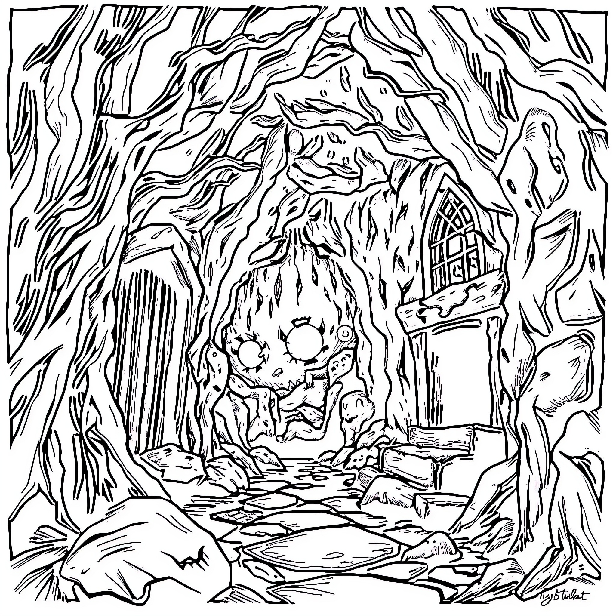 Scary Creature Lurking in Dark Forest Cave Coloring Page (free black-and-white line drawing printable PDF for all, from beginners to advanced learners, including children, teens, adults, and seniors)