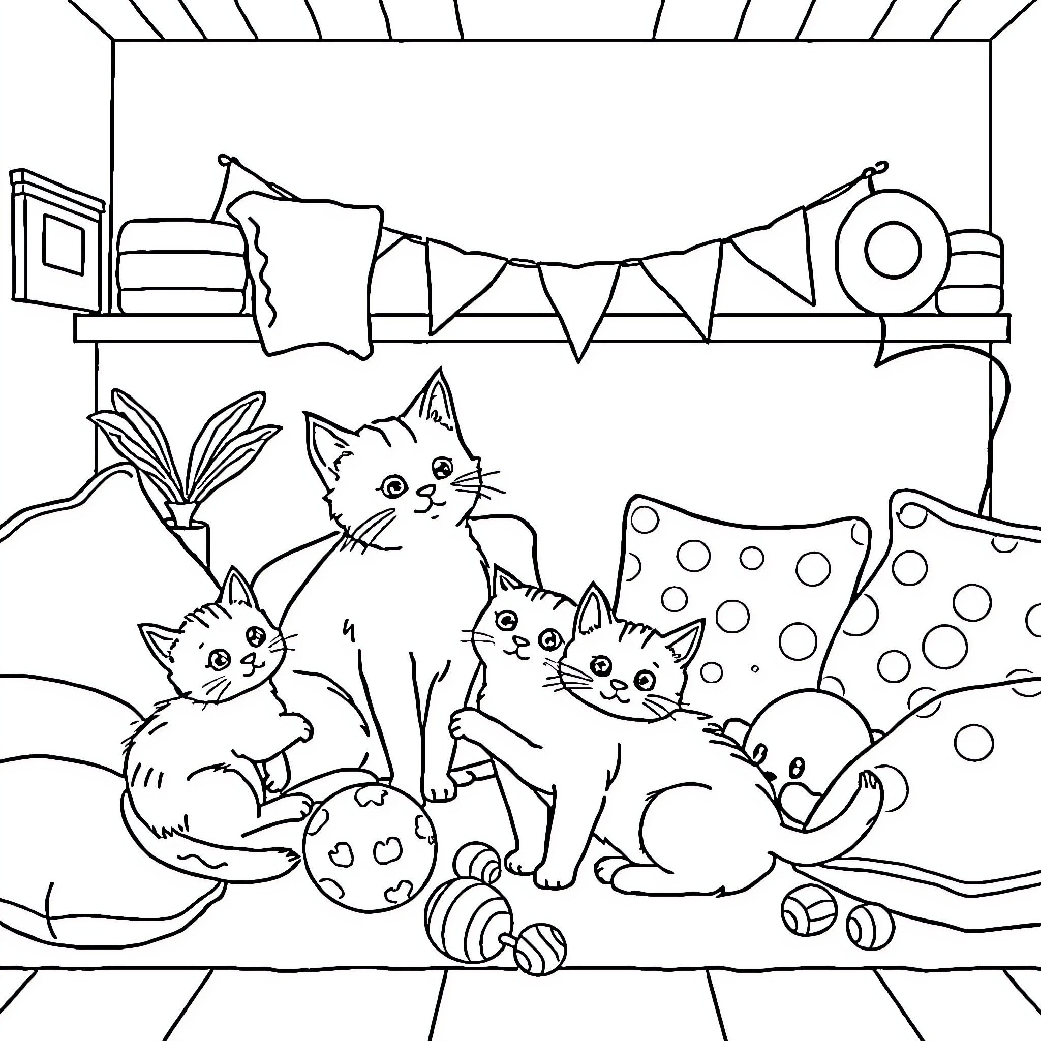 Cats playing in a cozy bedroom scene Coloring Page (free black-and-white line drawing printable PDF for all, from beginners to advanced learners, including children, teens, adults, and seniors)