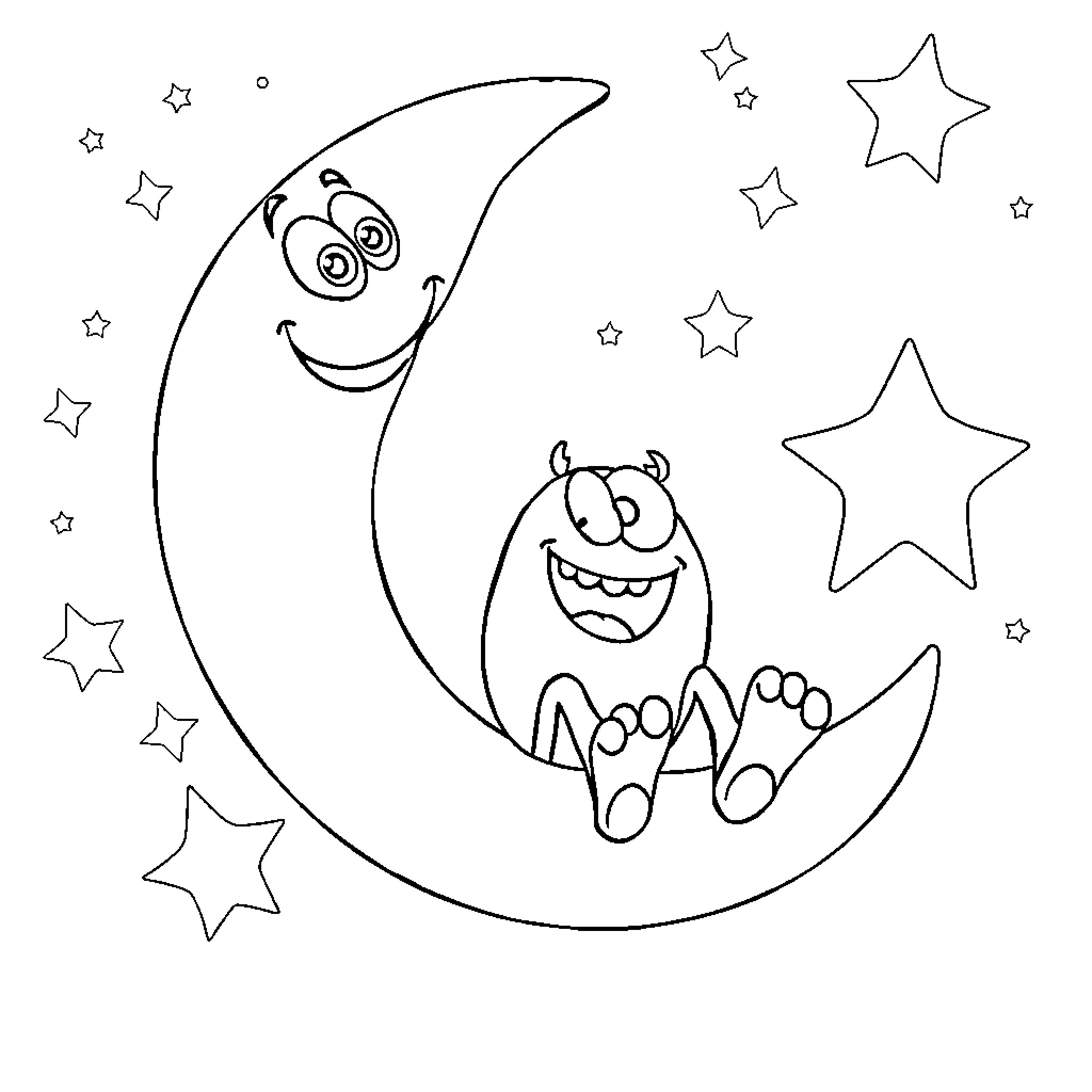 Mike's Moonlit Monsters Play with Starry Skies Coloring Page (free black-and-white line drawing printable PDF for all, from beginners to advanced learners, including children, teens, adults, and seniors)