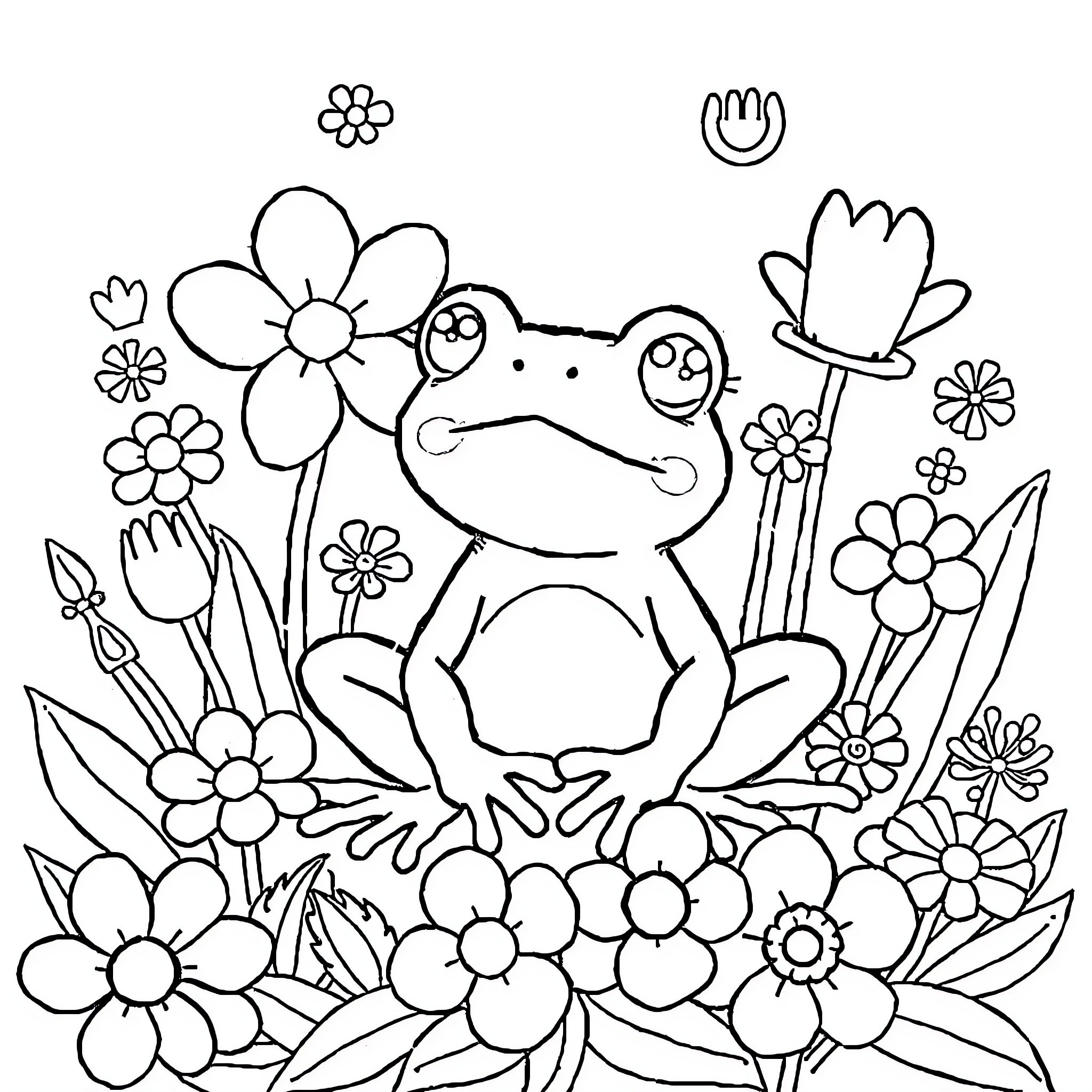 Frog surrounded by vibrant flowers Coloring Page (free black-and-white line drawing printable PDF for all, from beginners to advanced learners, including children, teens, adults, and seniors)