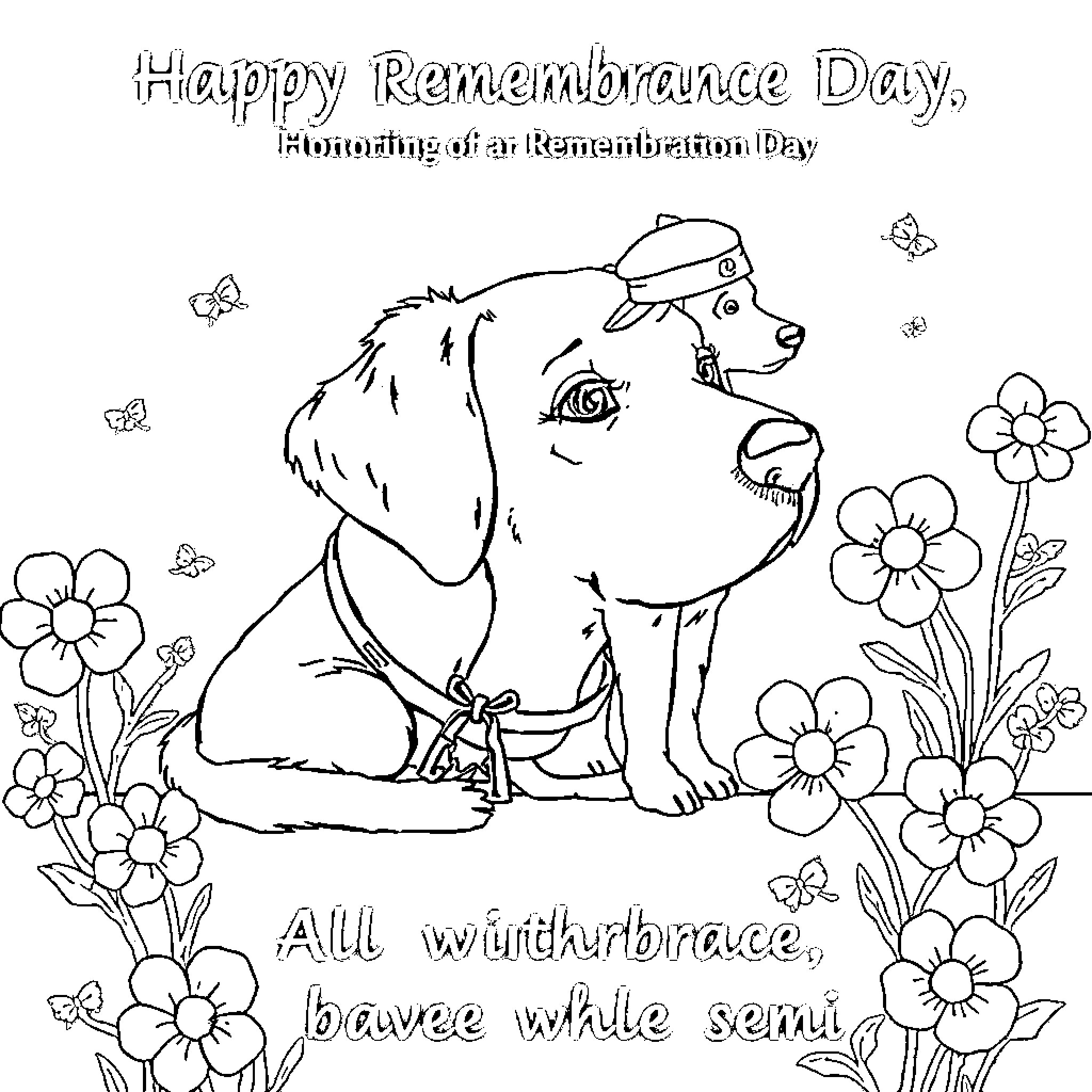 Animal resting in flower garden on Remembrance Day Coloring Page (free black-and-white line drawing printable PDF for all, from beginners to advanced learners, including children, teens, adults, and seniors)